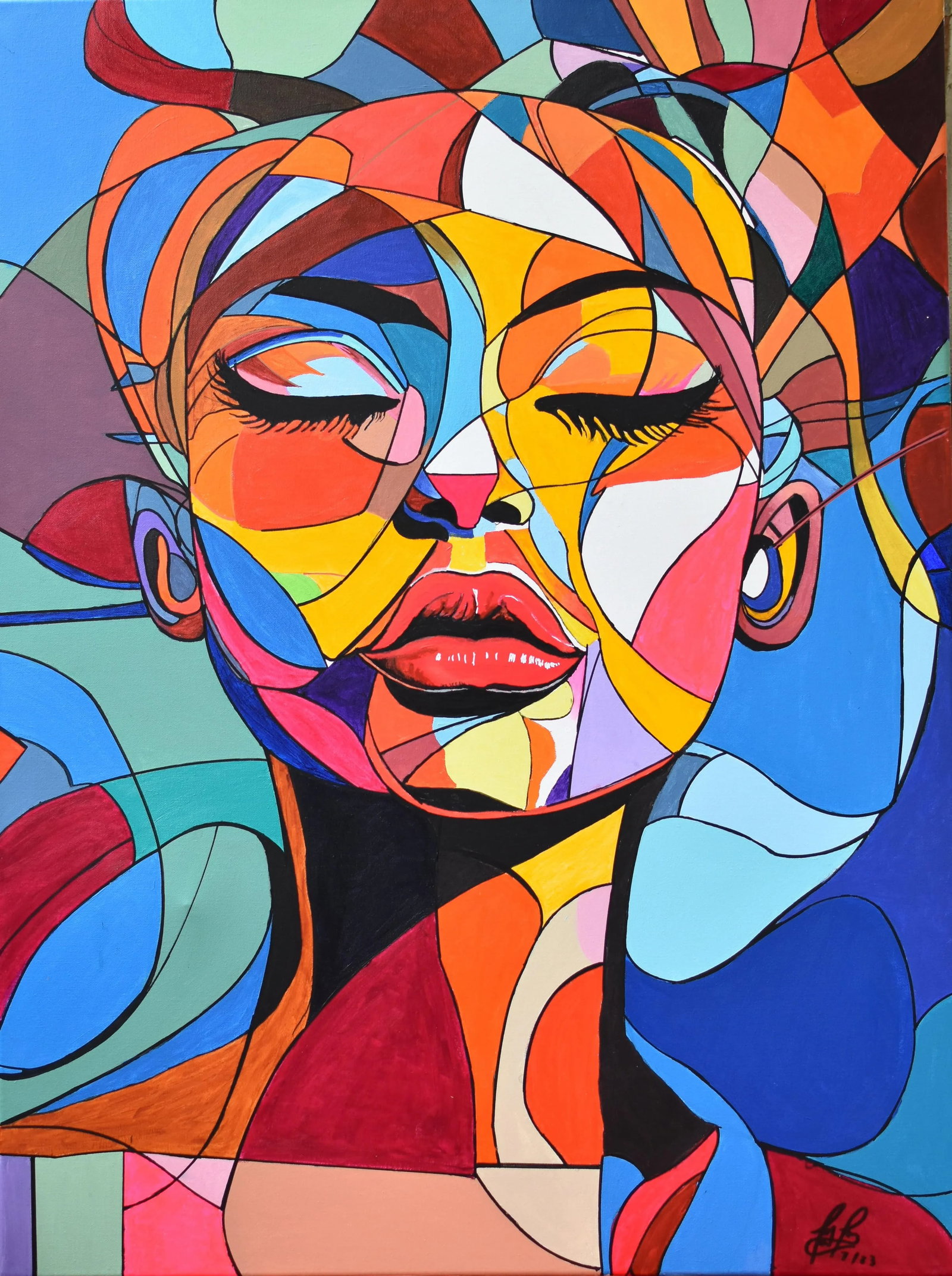 Abstract Portrait Original Acrylic Painting: This is an acrylic painting of a beautiful sleeping lady in an outstanding lively colorful-contemporary style. It is perfect for decorating a modern-style room. It adds color to a subtle colored decor