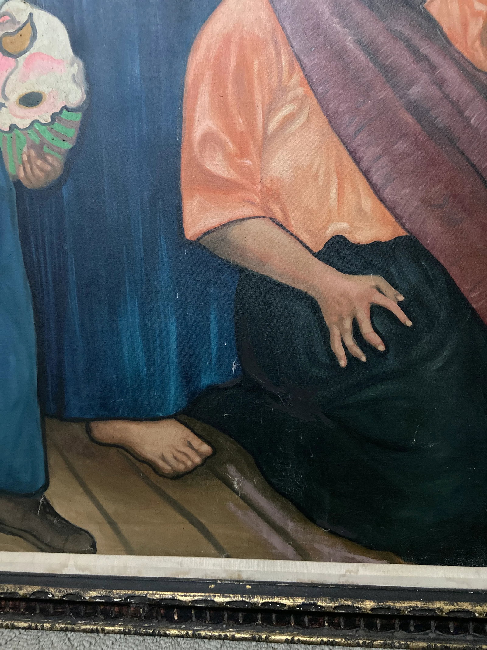 Vintage Mexican Muralist Style Portrait Oil Painting Signed Castillo - 10
