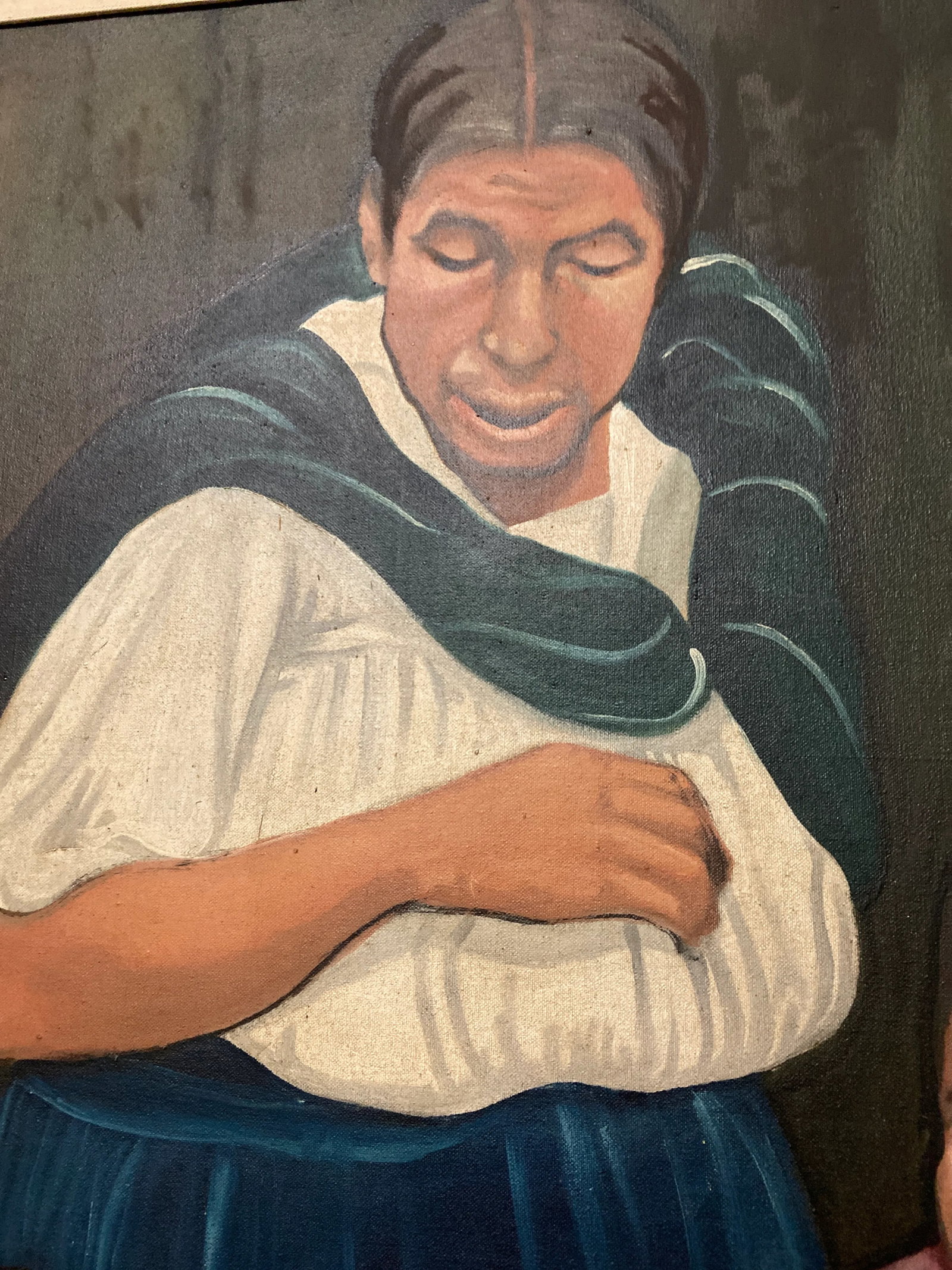 Vintage Mexican Muralist Style Portrait Oil Painting Signed Castillo - 6