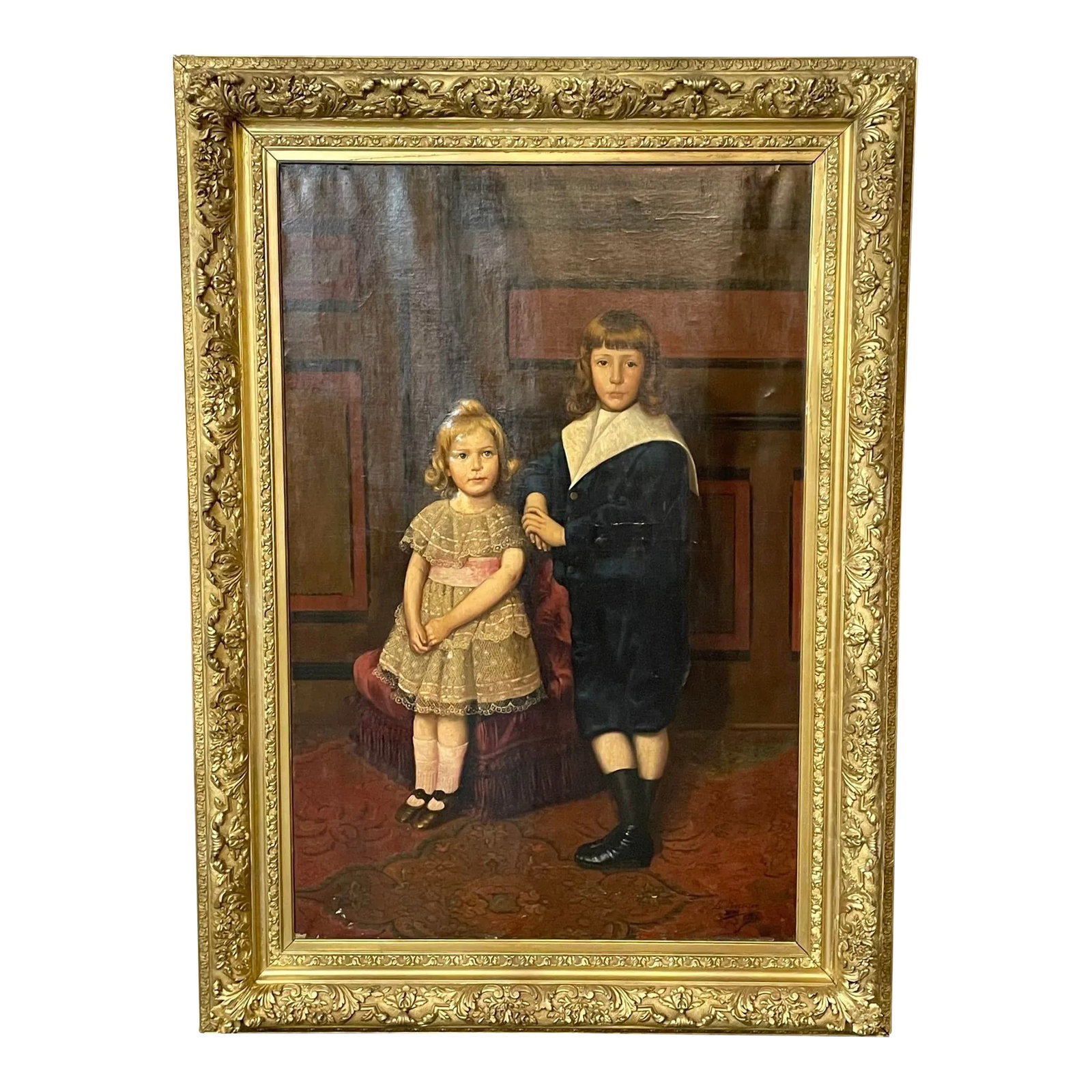 Palatial 19th Centur Oil on Canvas of a Portrait of Siblings Signed J. Peellaert: A palatial oil on canvas of a portrait of siblings signed J. Peellaert. A finely detailed oil on canvas of a boy and his sister by J Peellaert. Unframed this painting measures 63" by 41.25 inches.