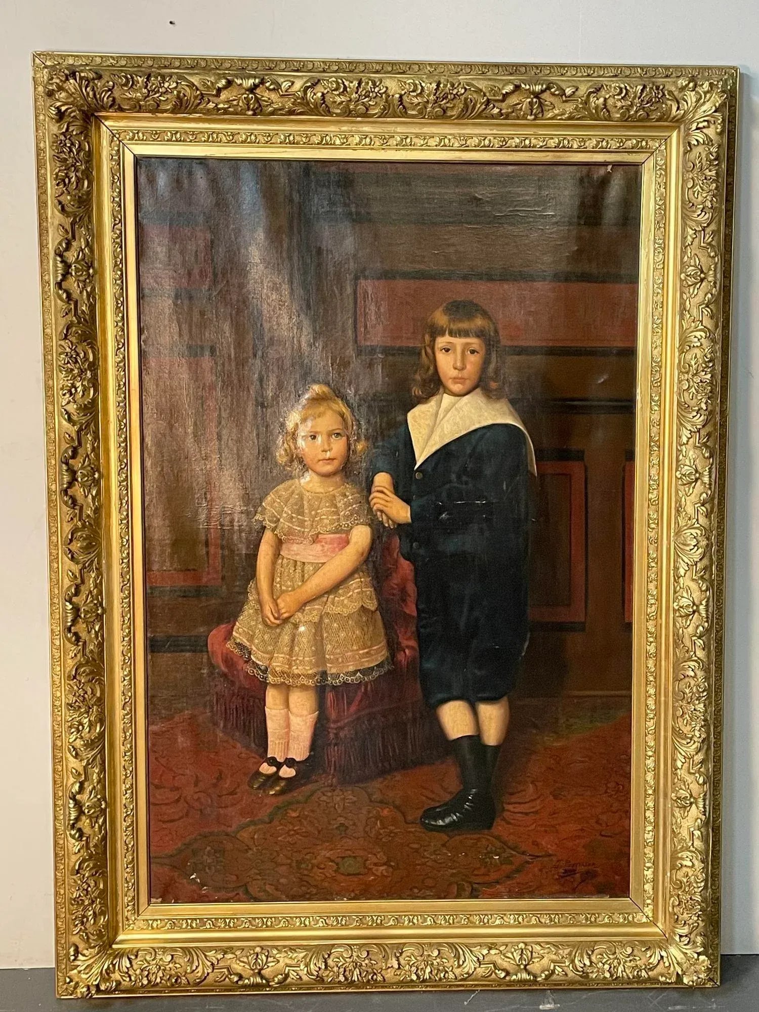 Palatial 19th Centur Oil on Canvas of a Portrait of Siblings Signed J. Peellaert - 2
