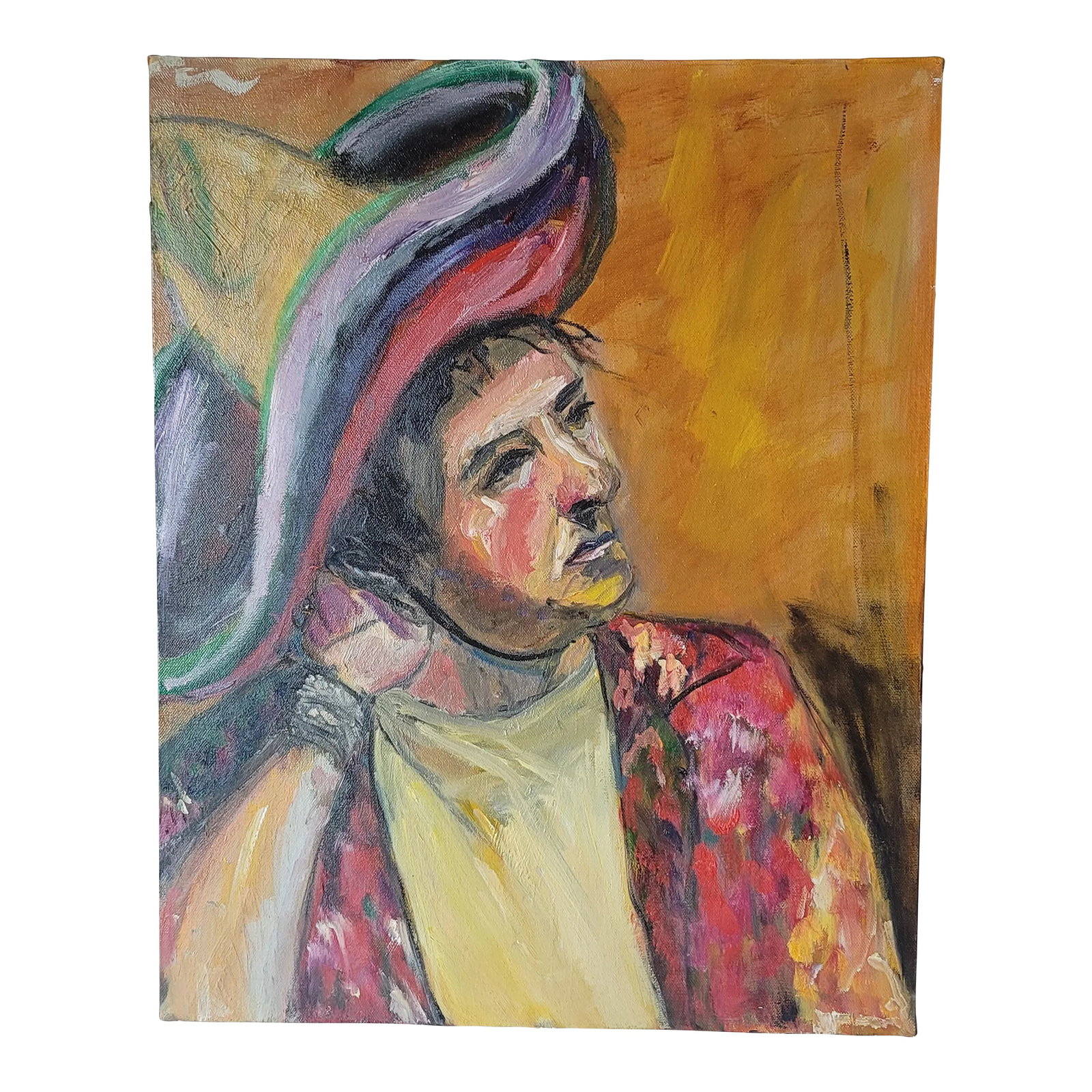 Late 20th Century Portrait "Man in Sombrero" Expressionist Oil Painting by Rosemary Rabut: Portrait "Man in Sombrero" Expressionist Oil Painting by Rosemary Rabut Measures 16 x 20 Oil on stretched canvas Signed on back Artist: Rosemary Rabut Unframed To see more portraits from this artist