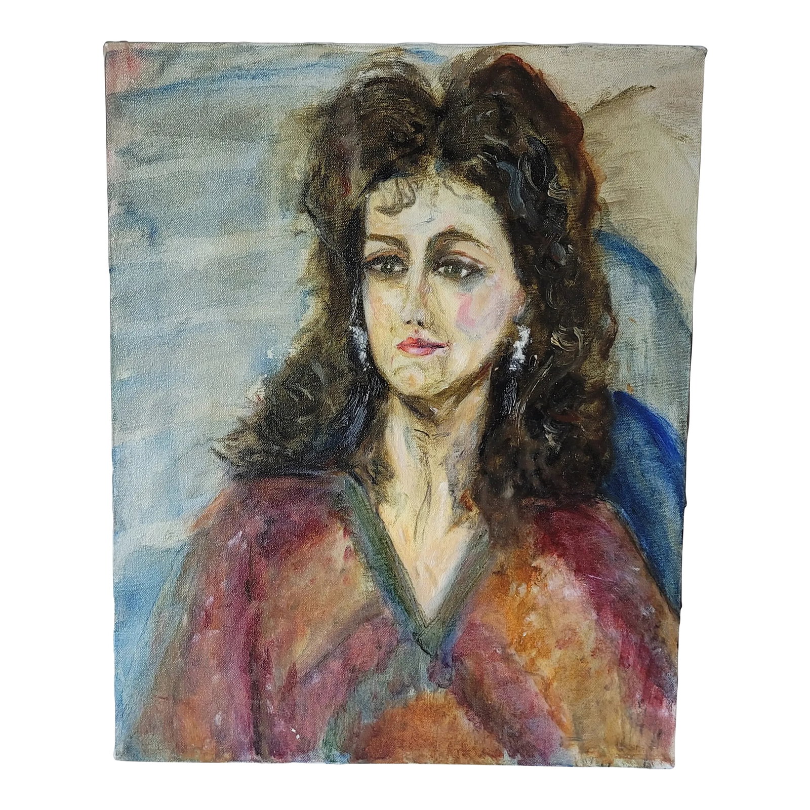 Portrait Woman With Earrings 1991 Oil Painting by Rosemary Rabut: Portrait Woman With Earrings 1991 Oil Painting by Rosemary Rabut 16x20 Oil on stretched canvas Signed and dated on back Artist: Rosemary Rabut Unframed Philadelphia Artist Please see photos as they