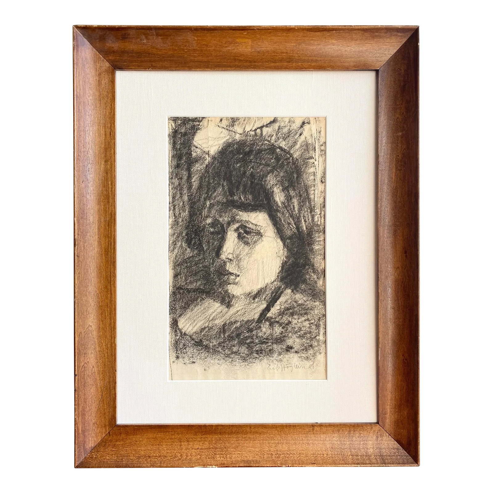 1940s Evocative Charcoal Portrait of French Woman Original Painting/Drawing: Original charcoal drawing/painting signed by artist lower right. Antique piece, circa 1940s (France), recently professionally re-framed under archival linen mat and displayed in antique wood frame.