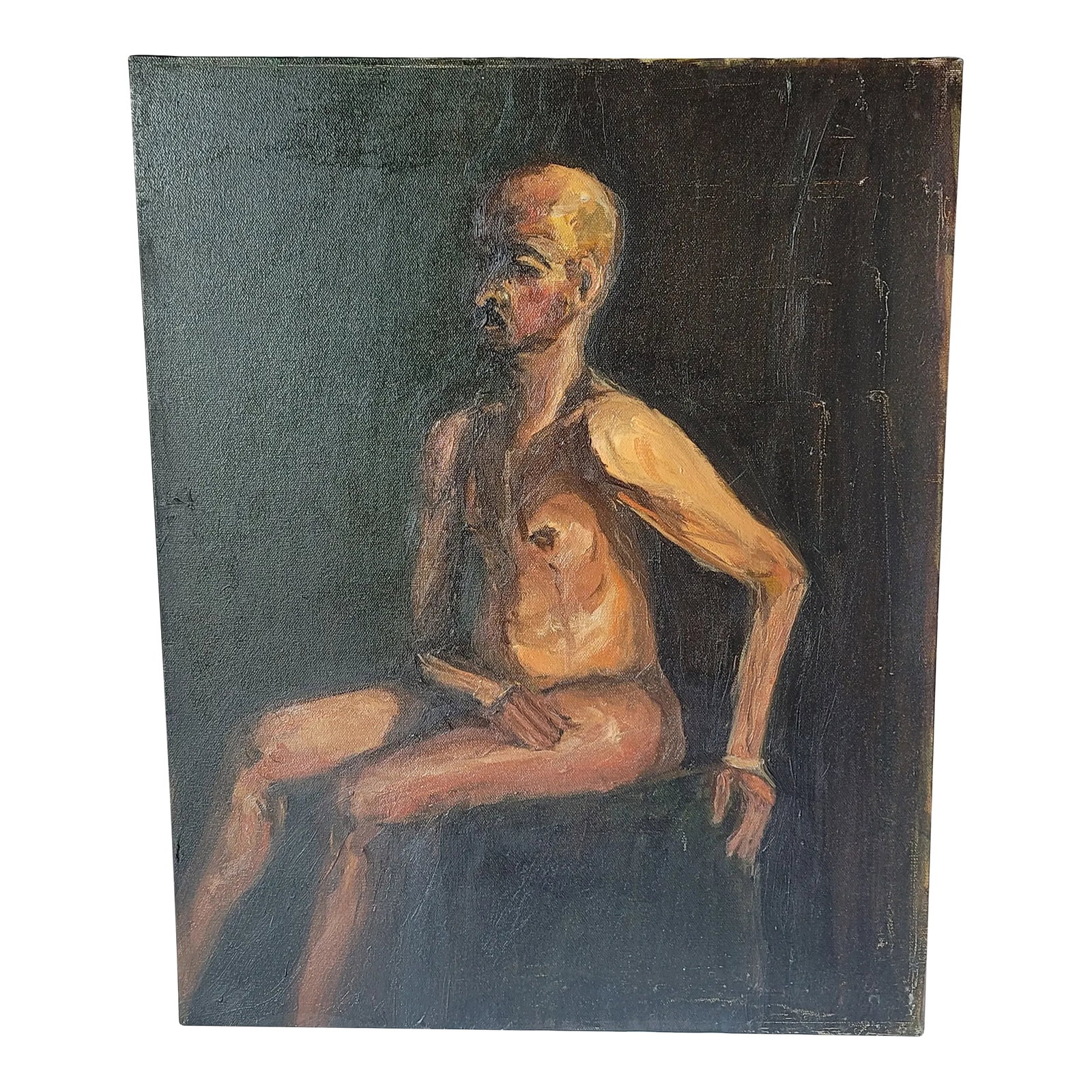 Early 21st Century Portrait "Nude Man With Mustache" Oil Painting by Rosemary Rabut: Portrait "Nude Man with Mustache" Oil Painting by Rosemary Rabut 16 X 20 16x20 Oil on stretched canvas Signed on back Artist: Rosemary Rabut Unframed Philadelphia Artist Please see photos as they are