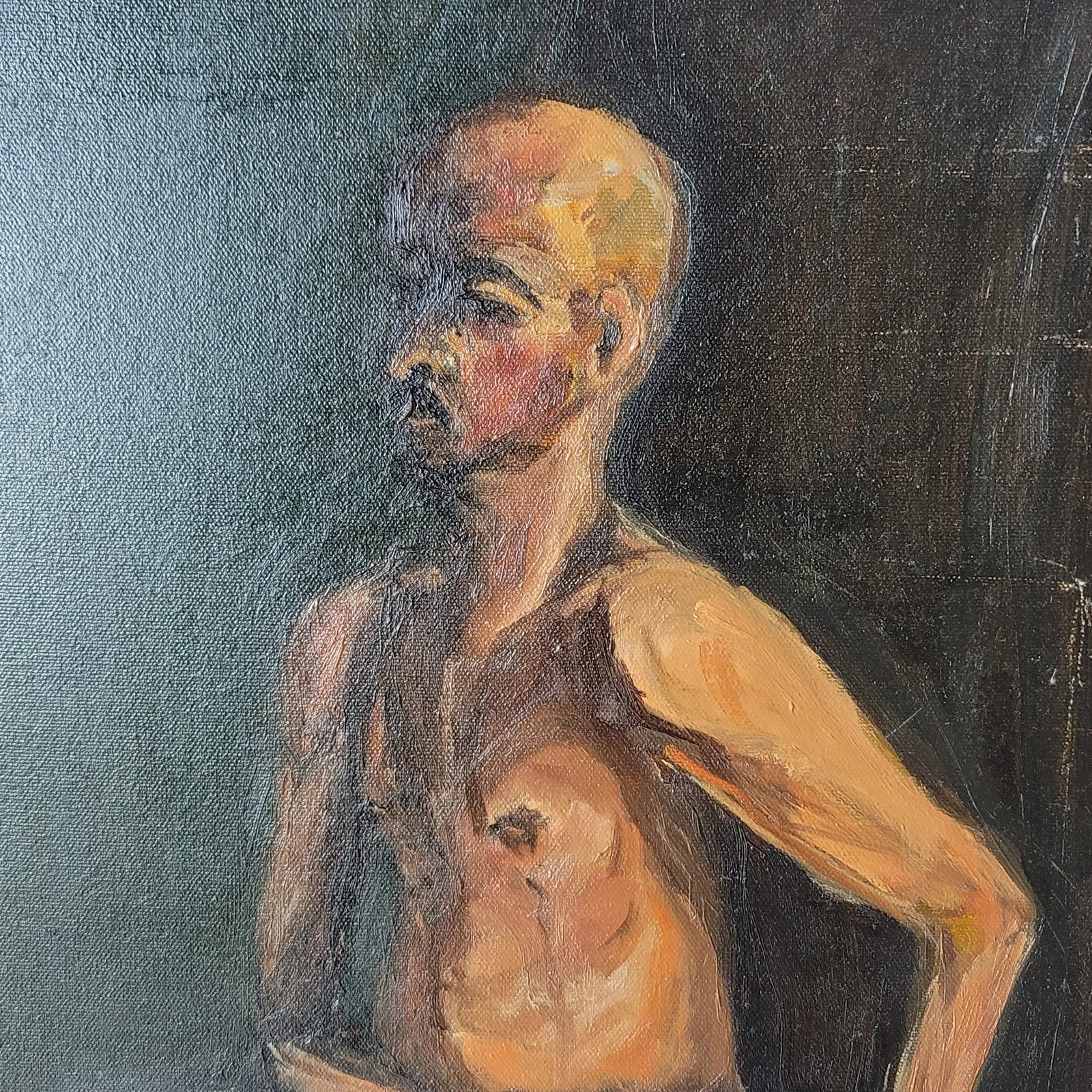 Early 21st Century Portrait "Nude Man With Mustache" Oil Painting by Rosemary Rabut - 3