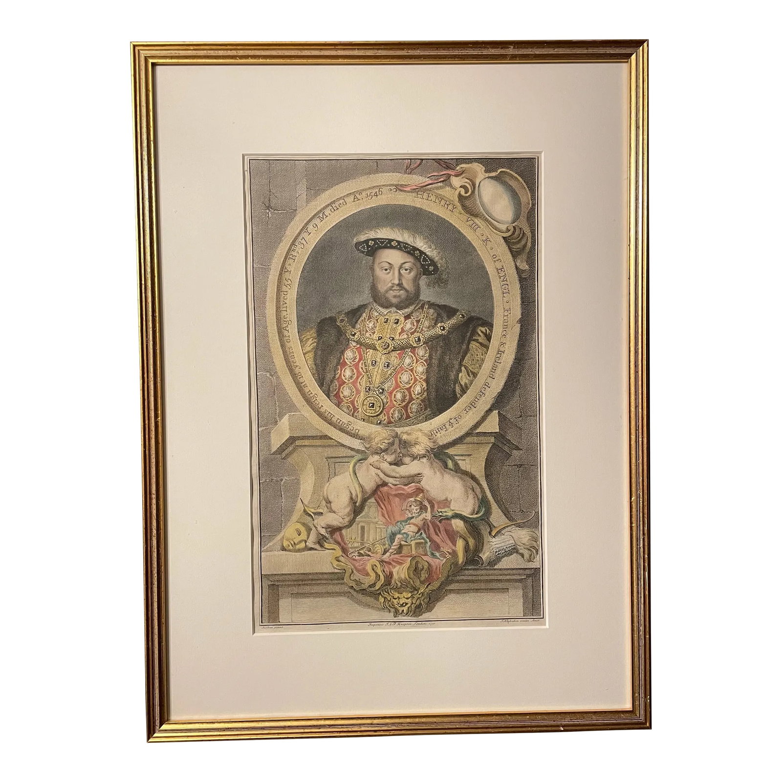 Framed Hand-Colored Print of King Henry VIII of England C.1750: Introducing King Henry VIII of England, brought to life in a copper plate engraving by Jacobus Houbraken. He is part of a collection known as the Houbraken portraits. During his lifetime, Houbraken en