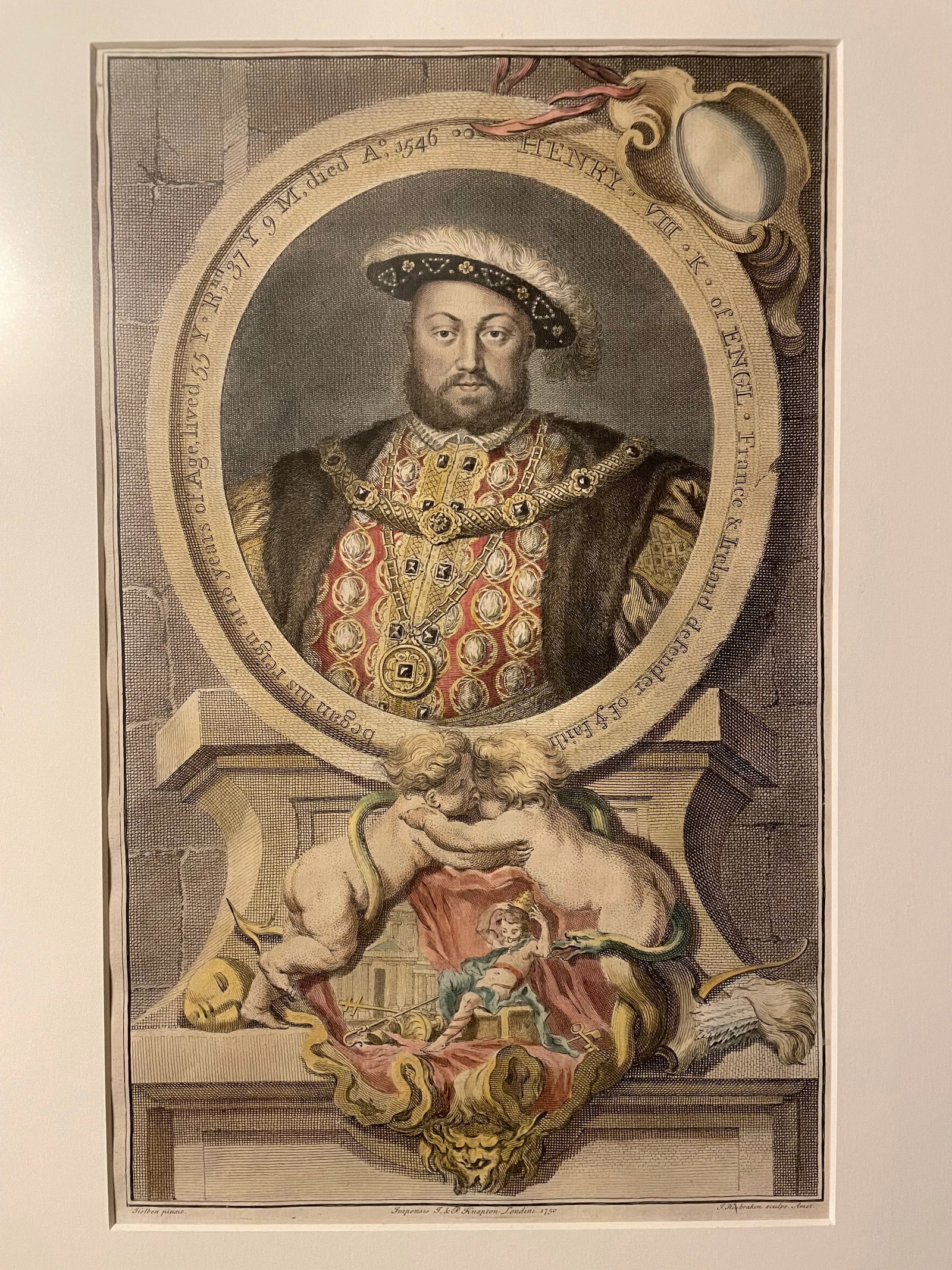 Framed Hand-Colored Print of King Henry VIII of England C.1750 - 2