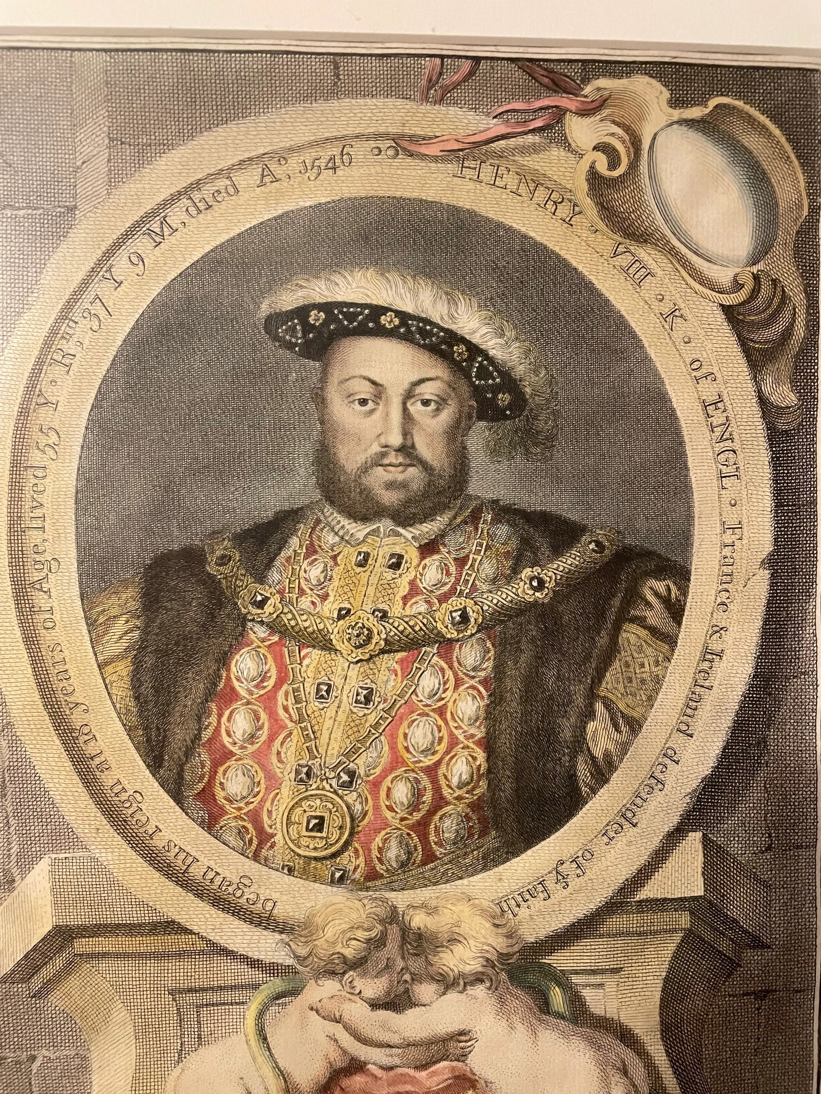 Framed Hand-Colored Print of King Henry VIII of England C.1750 - 3