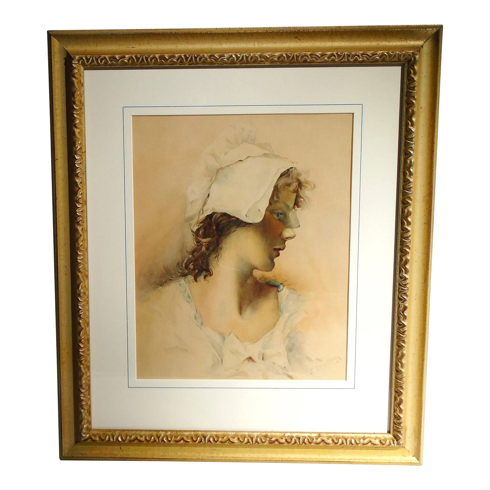 Early 1900s "Twilight", Portrait of Young Raven Haired Beauty: An original watercolor painting on paper by Evelyn Thompson, Scottish artist late 19th and early 20th century, "Twilight" a profile portrait a raven haired beautiful young woman (possibly related to t