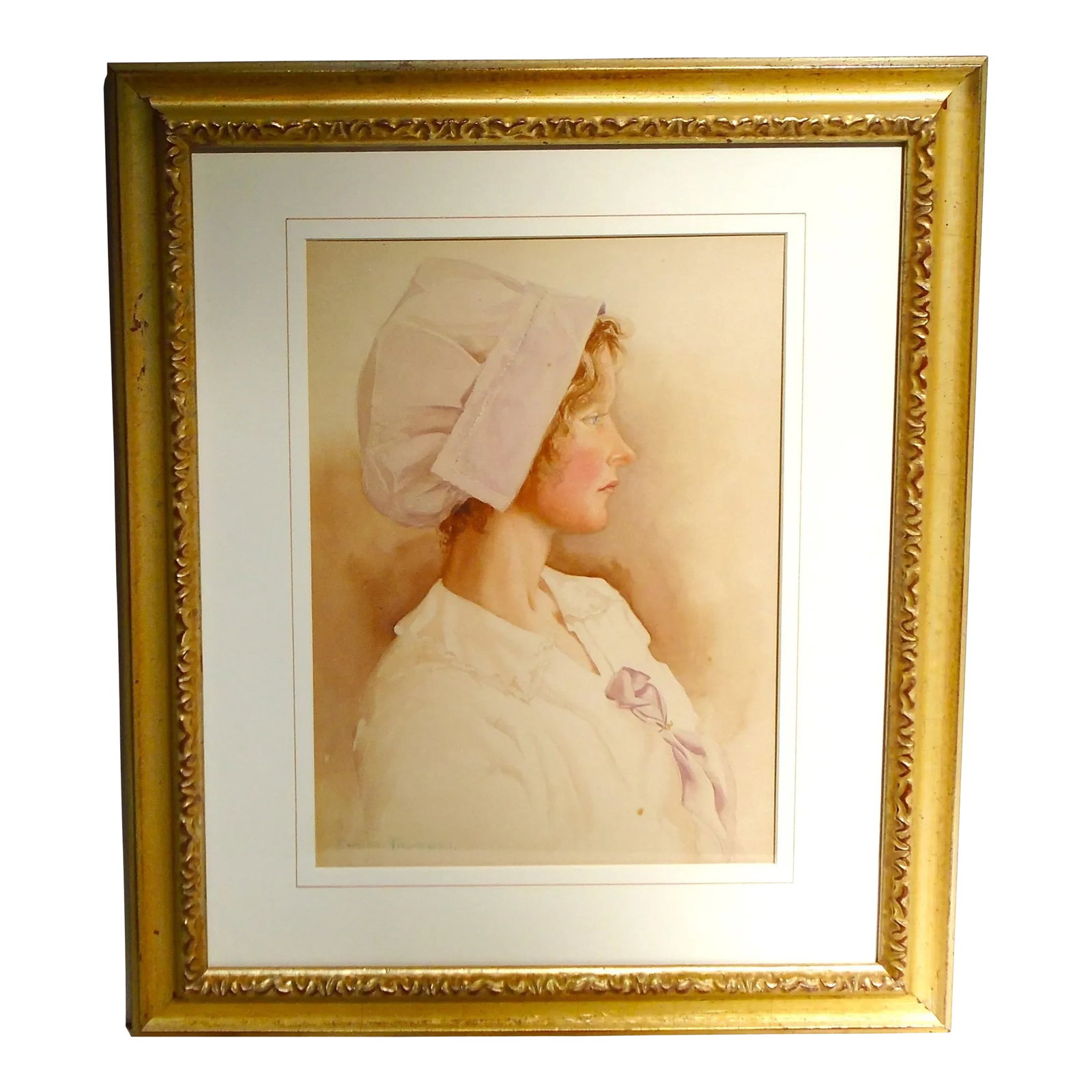 Early 20th Century "Dawn" Portrait Painting of Alexa Thompson: An original watercolor painting by Evelyn Thompson, nee Brown, Scottish artist late 19th century into the early 20th century, "Dawn" a portrait of Alexa Thompson before 1919 (probably the artist's
