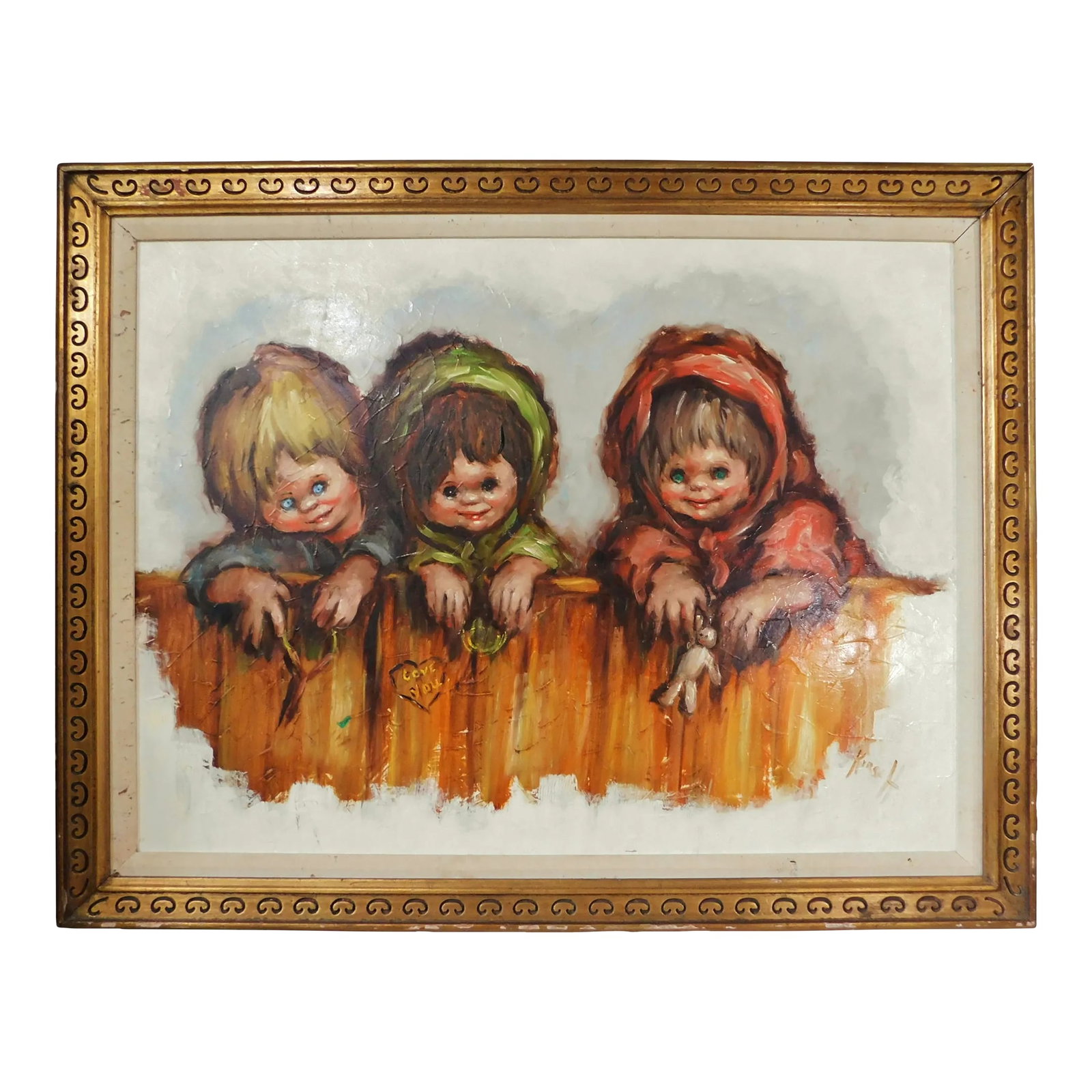 Frederick Dwight Kirsch (American 1899-1981) "Three Children" Oil Painting on Canvas Gold Wood Frame: Wonderful original Frederick Dwight Kirsch (American 1899-1981) "Three Children" Oil Painting on Canvas. Original gold wood frame. Signed as shown. Circa 1930s/1940s. Small tear as shown in last
