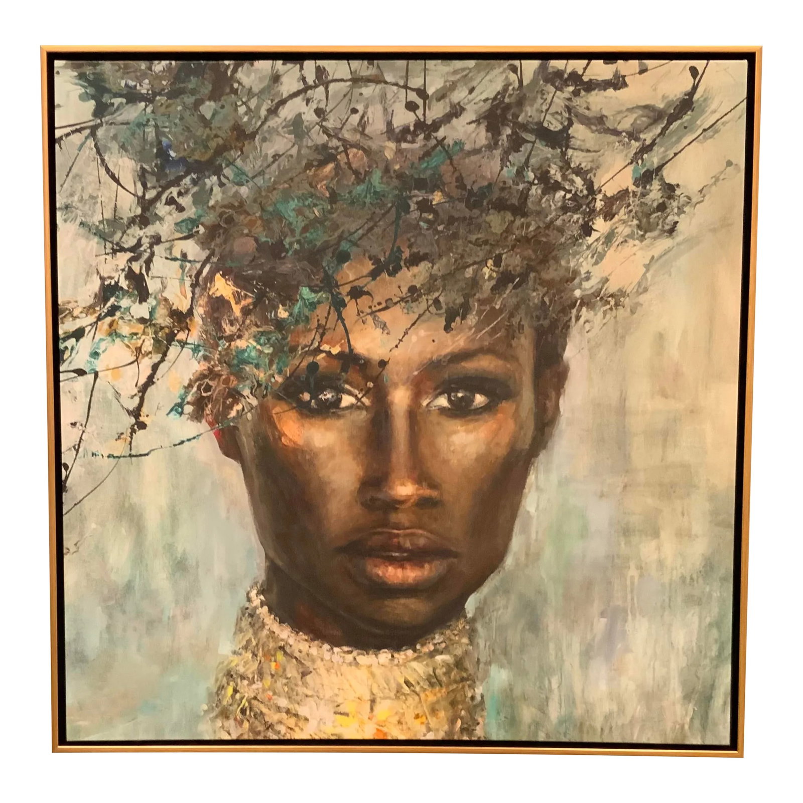 "Ravishingly Radiant" Portrait of a Women Giclee on Canvas: Stylish modern "Ravishingly Radiant" Portrait of a Women Giclee on Canvas, gold finshed wood floater frame, showroom floor sample Condition: Imperfections: Some Imperfections Condition Notes:
