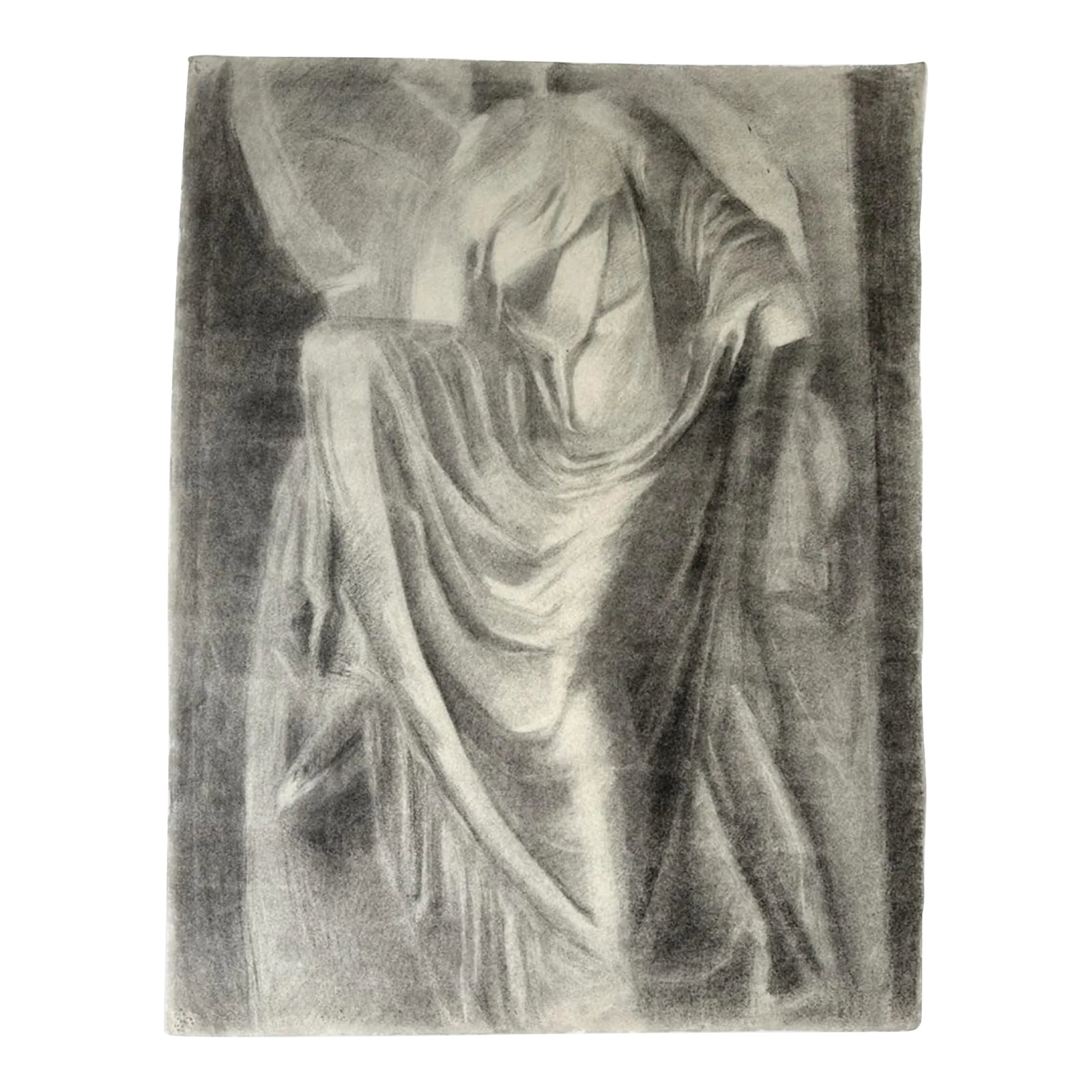 Antique 19th C. French Charcoal Study of Greek Draped Figurative Sculpture: Antique 19th C. French Charcoal Study of Greek Draped Figurative Sculpture. On MBM paper with deckled edges. In good condition with wear consistent with age. Pin holes in the corners. Size: 19 x