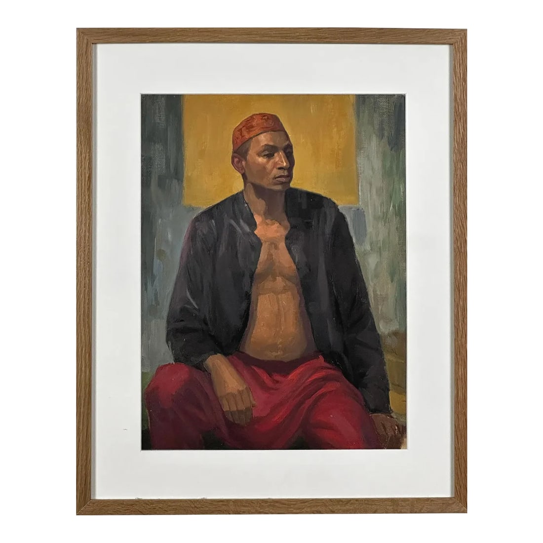 Vintage Realist Studio Portrait of Man Wearing a Taqiyah (C. 1960, Oil on Canvas Paper): Vintage Realist Studio Portrait of Man Wearing a Taqiyah (c. 1960, Oil on Canvas Paper). Studio portrait of a seated man wearing a taqiyah. Oil painting on canvas paper. No signature found. Housed und