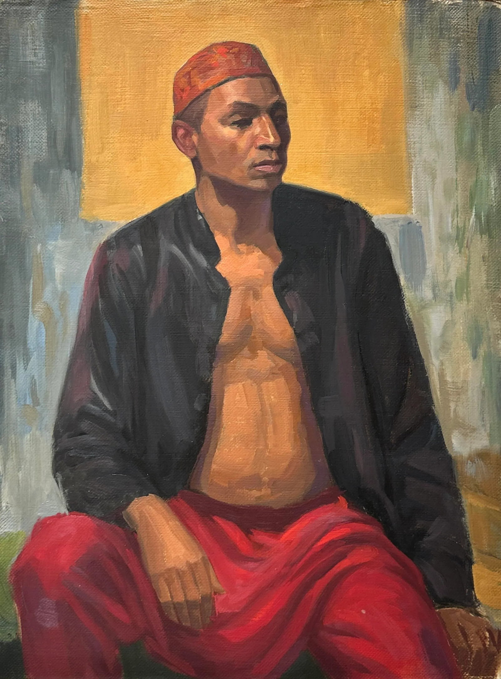 Vintage Realist Studio Portrait of Man Wearing a Taqiyah (C. 1960, Oil on Canvas Paper) - 3