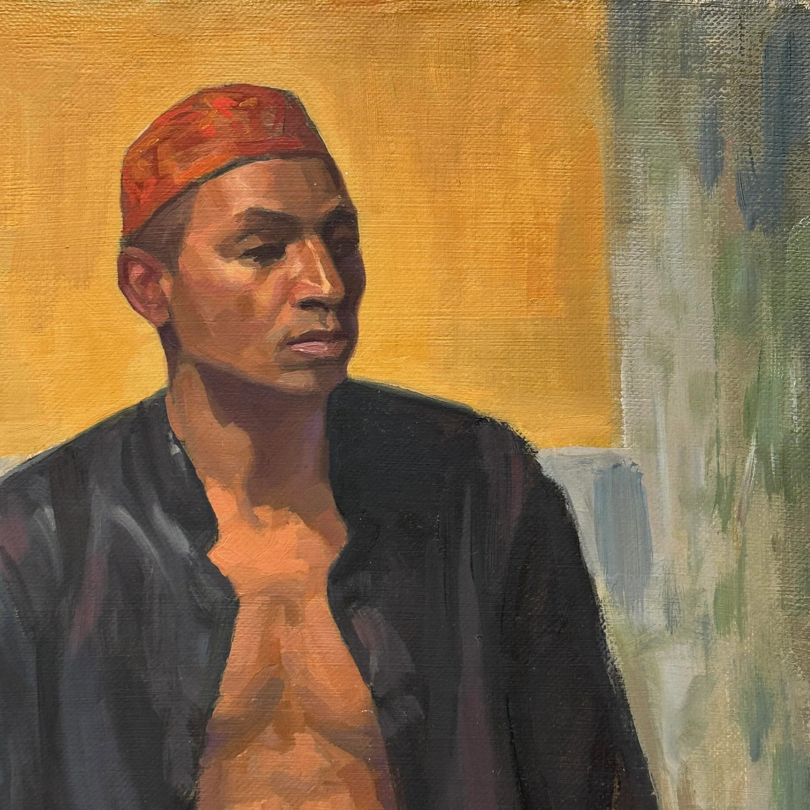 Vintage Realist Studio Portrait of Man Wearing a Taqiyah (C. 1960, Oil on Canvas Paper) - 4