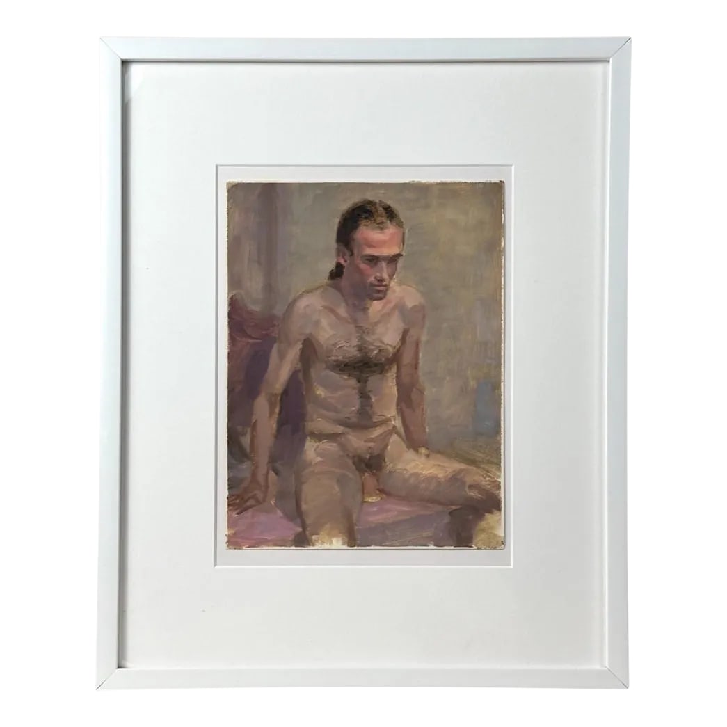 Vintage Male Figurative Oil Painting, Framed (C. 1960, Oil on Canvas Paper)/Michael Borremans/Degas/: Vintage Male Figurative Oil Painting, Framed (c. 1960, Oil on Canvas Paper). Housed in a new white gallery frame behind UV filtering acrylic. New double layer archival matte. In very good condition