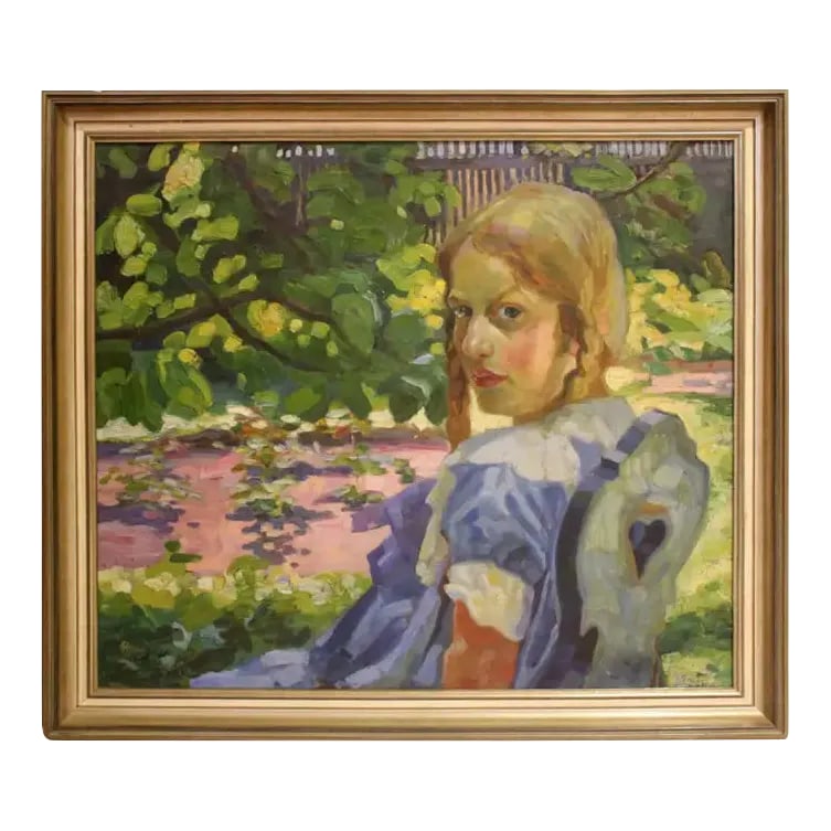 Portrait of a Girl Sitting in a Summer Garden Oil on Canvas Painting (1 of 6)