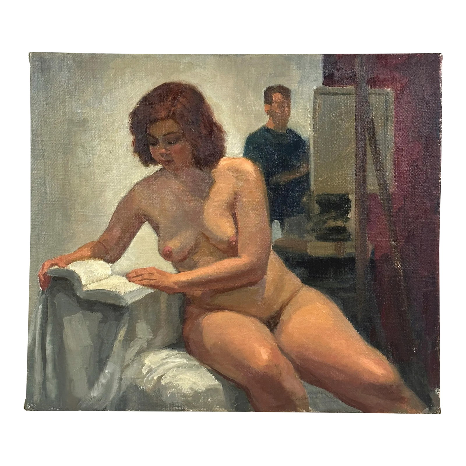 Vintage Realist Nude Portrait of Model and Artist, Oil on Canvas (C. 1965): Vintage Realist Portrait of Model and Artist, Oil on Canvas (c. 1965). Portrait of a female model reading with a painter and easel in the background. No signature found. In good condition with wear co