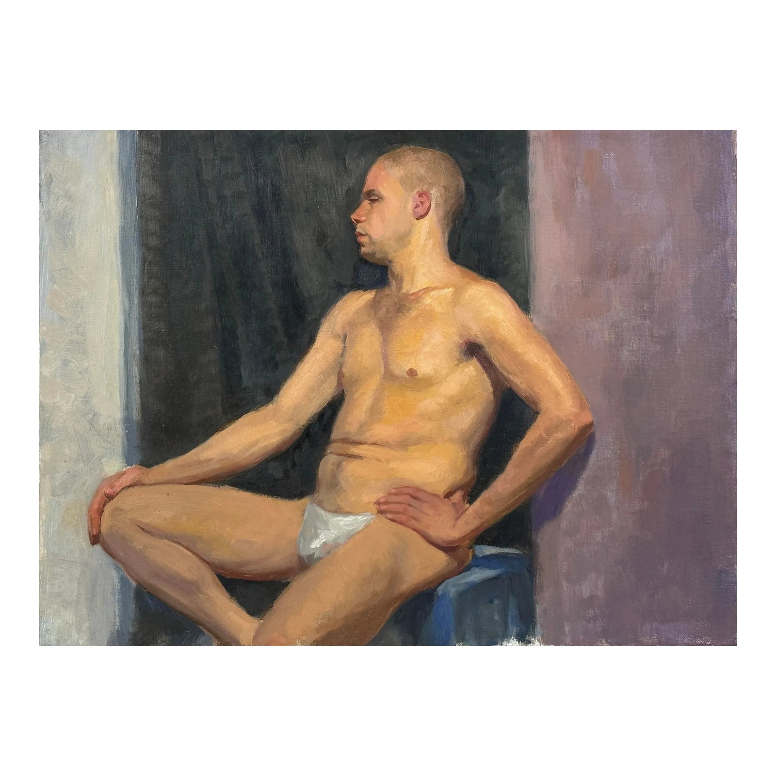 Vintage Realist Figurative Portrait of Seated Man (C. 1970, Oil on Canvas): Vintage Realist Figurative Portrait of Seated Man (c. 1970, Oil on Canvas). Seated portrait of a man with shaved head. No signature found. Oil on canvas. In good condition with wear consistent with