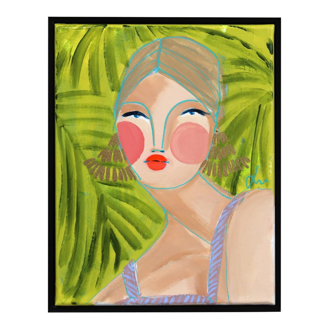 Miss Priss Palms 1 - Framed Original Figurative Abstract Portrait on Green Artwork by Lindsey McCord (1 of 10)