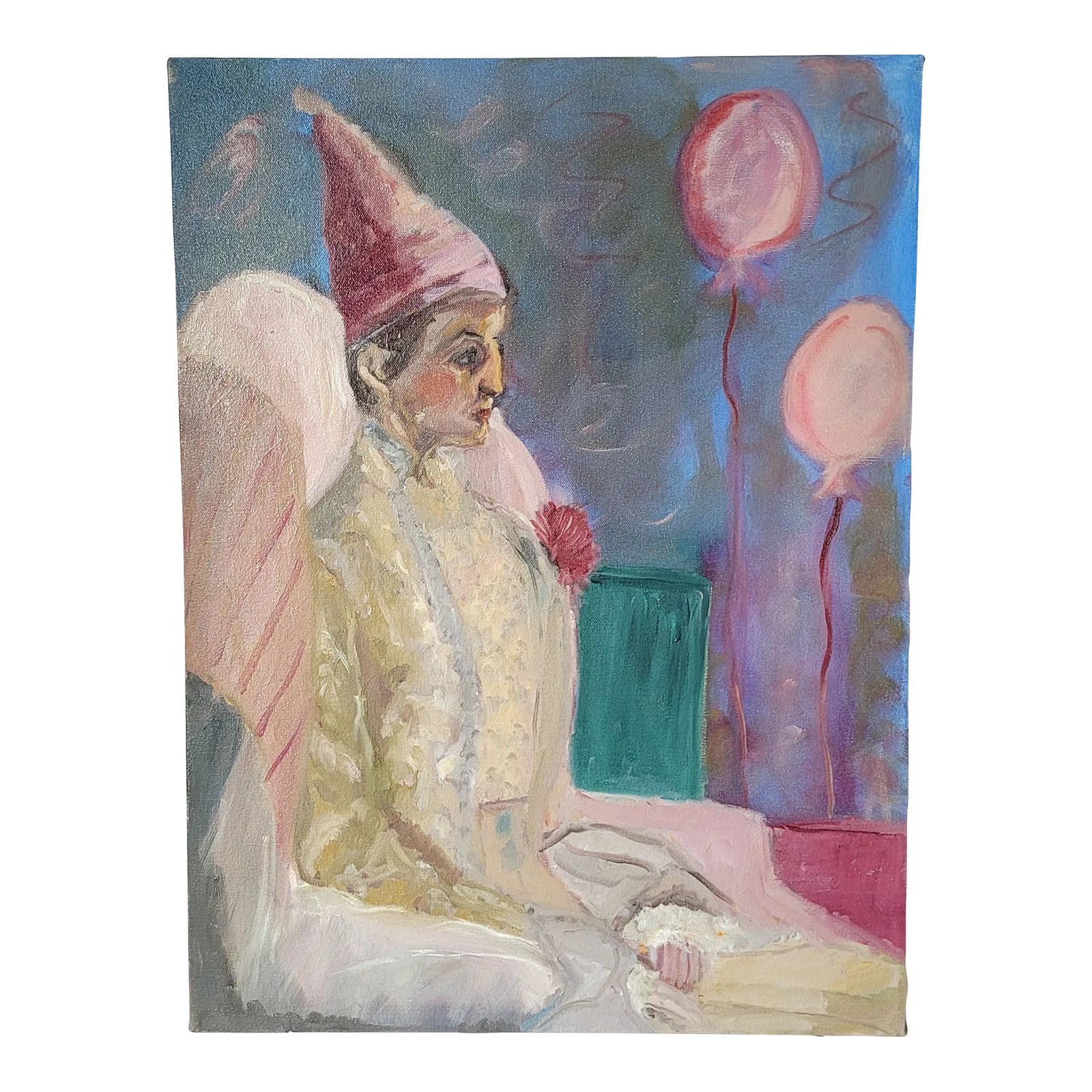 1990s Expressionist Portrait Oil Painting on Canvas by Rosemary Rabut: "Send in the Clown" Expressionist Portrait Oil Painting on Canvas by Rosemary Rabut 18x24" portrait Oil on stretched canvas Signed on back Artist: Rosemary Rabut Unframed To see more portraits from th
