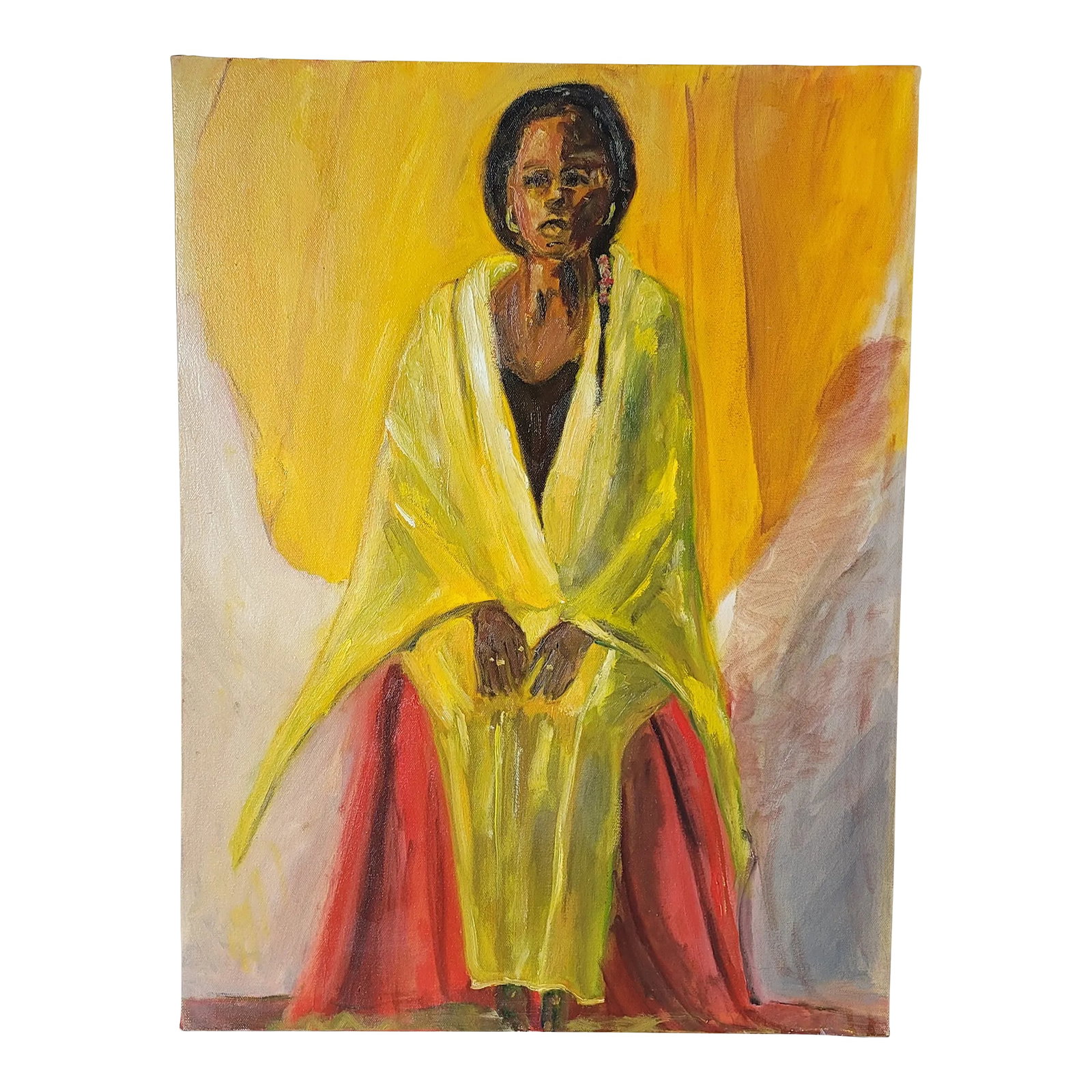 1990s Portrait of "Woman Draped in Yellow" Expressionist Oil Painting by Rosemary Rabut: Portrait "Woman Draped in Yellow" Expressionist Oil Painting by Rosemary Rabut Measures 18x24 Oil on stretched canvas Signed on back Artist: Rosemary Rabut Unframed To see more portraits from this