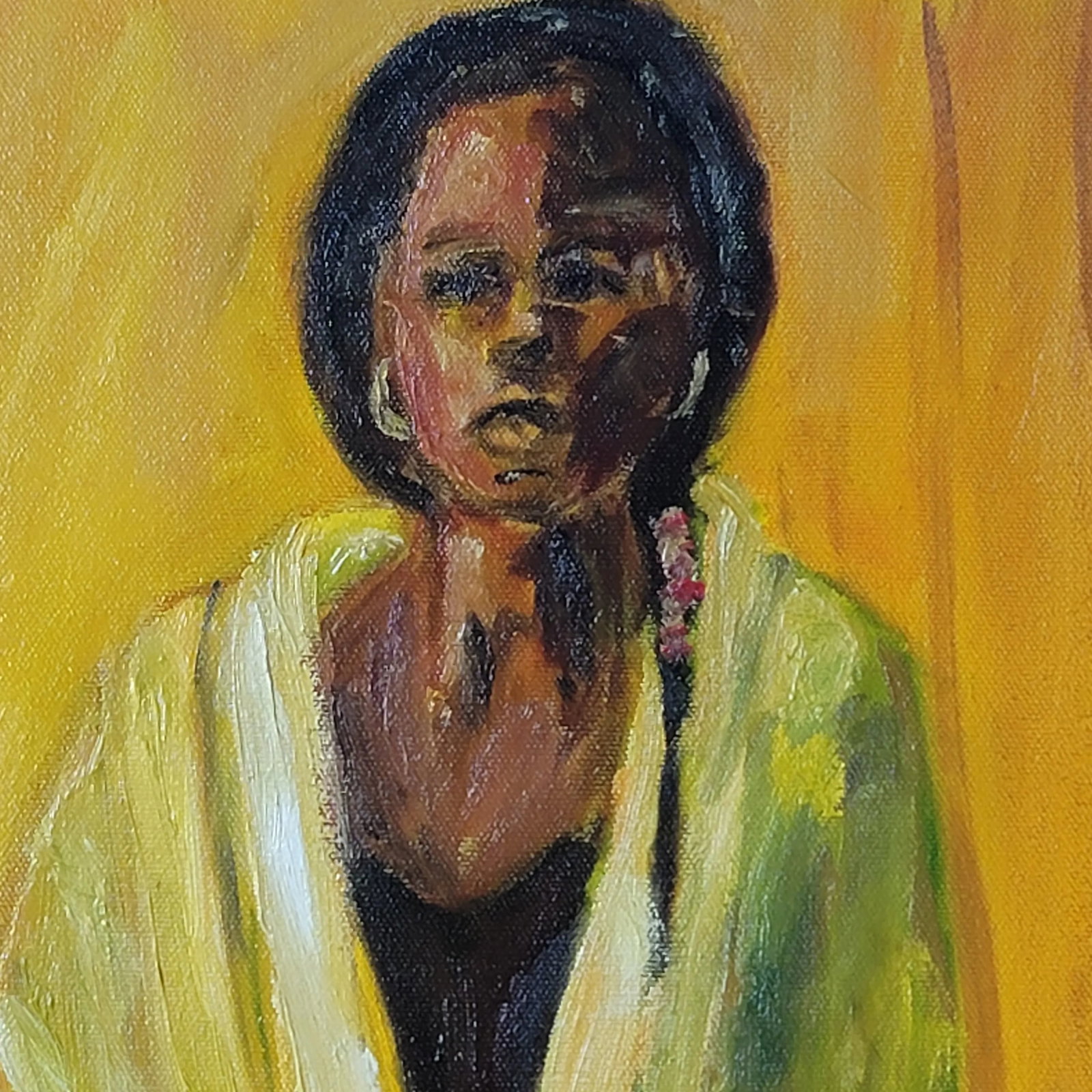 1990s Portrait of "Woman Draped in Yellow" Expressionist Oil Painting by Rosemary Rabut - 2