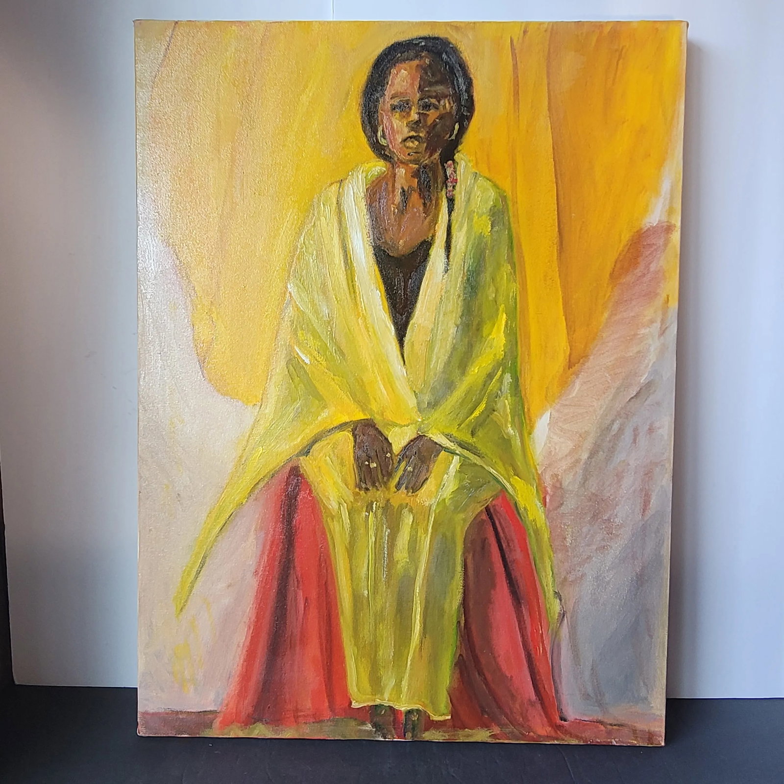 1990s Portrait of "Woman Draped in Yellow" Expressionist Oil Painting by Rosemary Rabut - 5