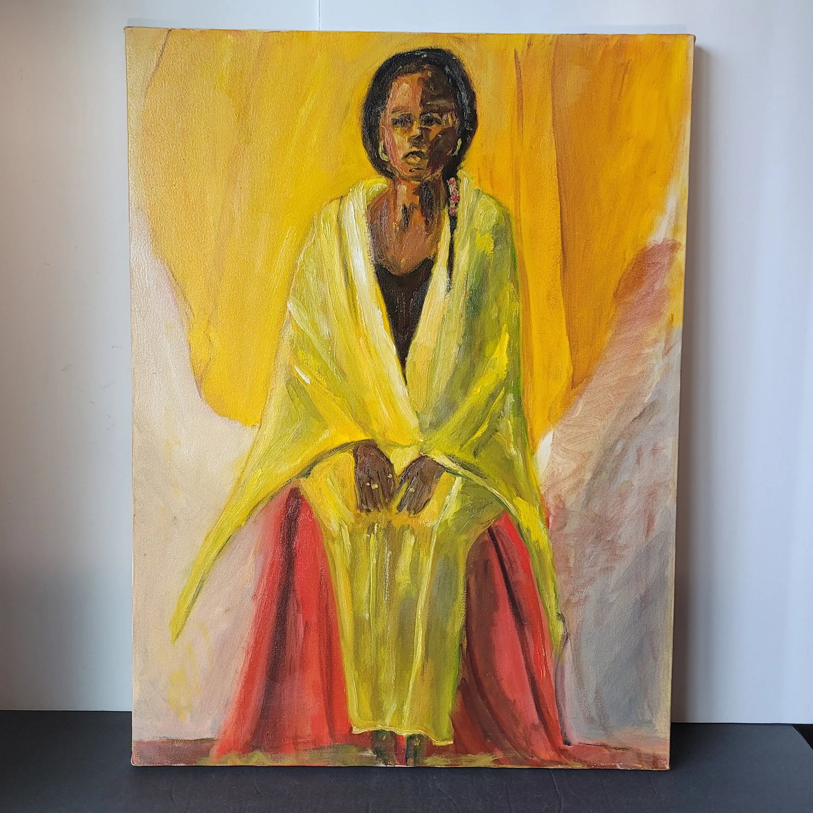 1990s Portrait of "Woman Draped in Yellow" Expressionist Oil Painting by Rosemary Rabut - 6