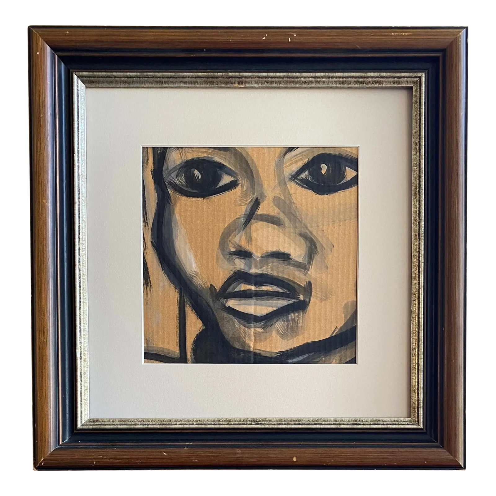 Contemporary Modernist Framed Neutral Palette Portrait With Expressive Eyes: Contemporary Modernist original painting of striking portrait with expressive eyes, displayed under glass, and in a vintage frame. New, archival mat added September 2023. Condition: Alterations: Origi