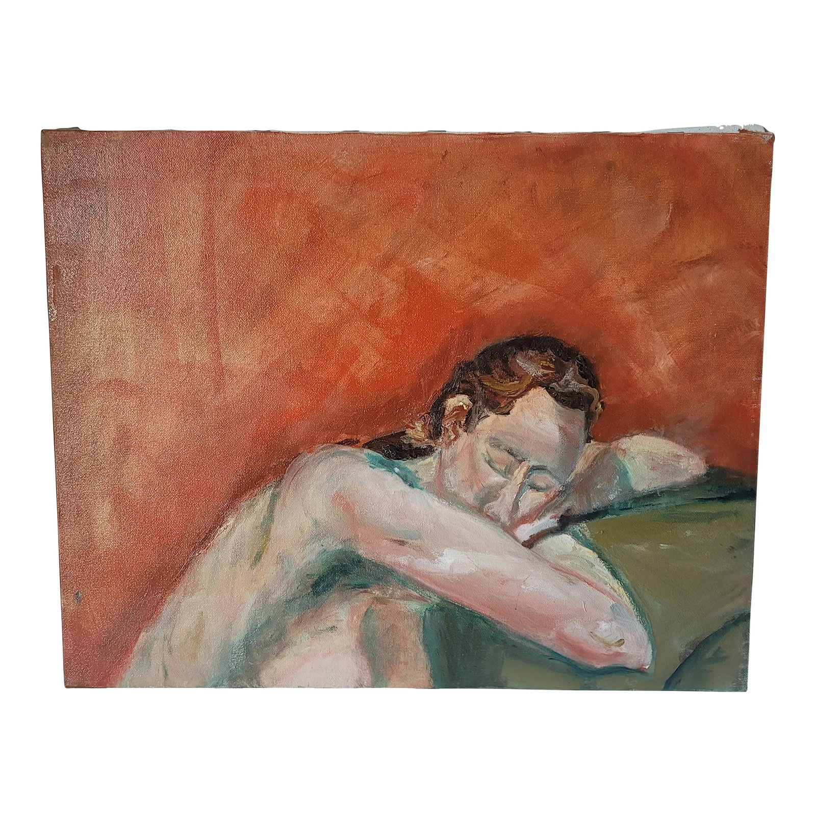1990s Portrait Nude Woman Sleeping Oil Painting by Rosemary Rabut: Portrait Nude Woman Sleeping Oil Painting by Rosemary Rabut 16x20 Oil on stretched canvas Signed and dated 1993 on back Artist: Rosemary Rabut Unframed Philadelphia Artist Please see photos as they