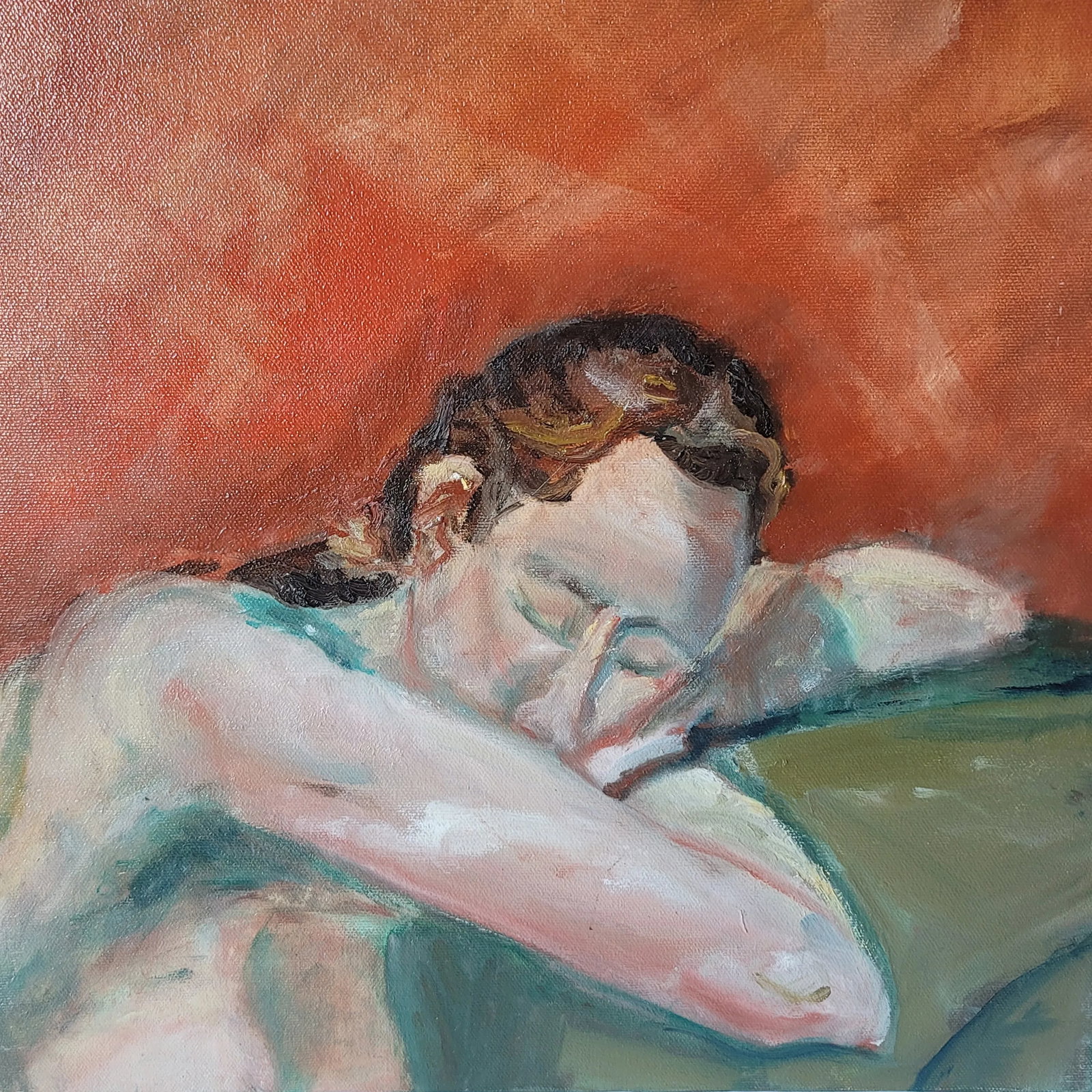 1990s Portrait Nude Woman Sleeping Oil Painting by Rosemary Rabut - 2