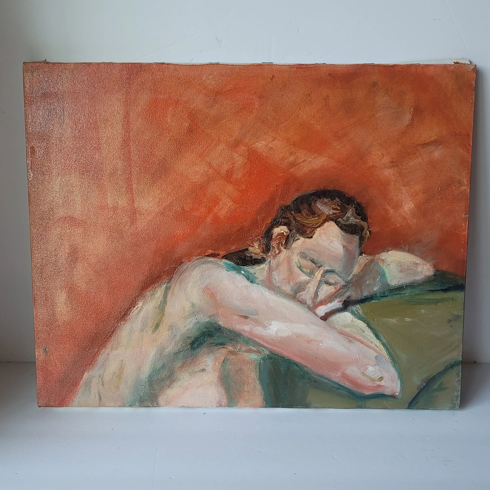 1990s Portrait Nude Woman Sleeping Oil Painting by Rosemary Rabut - 5