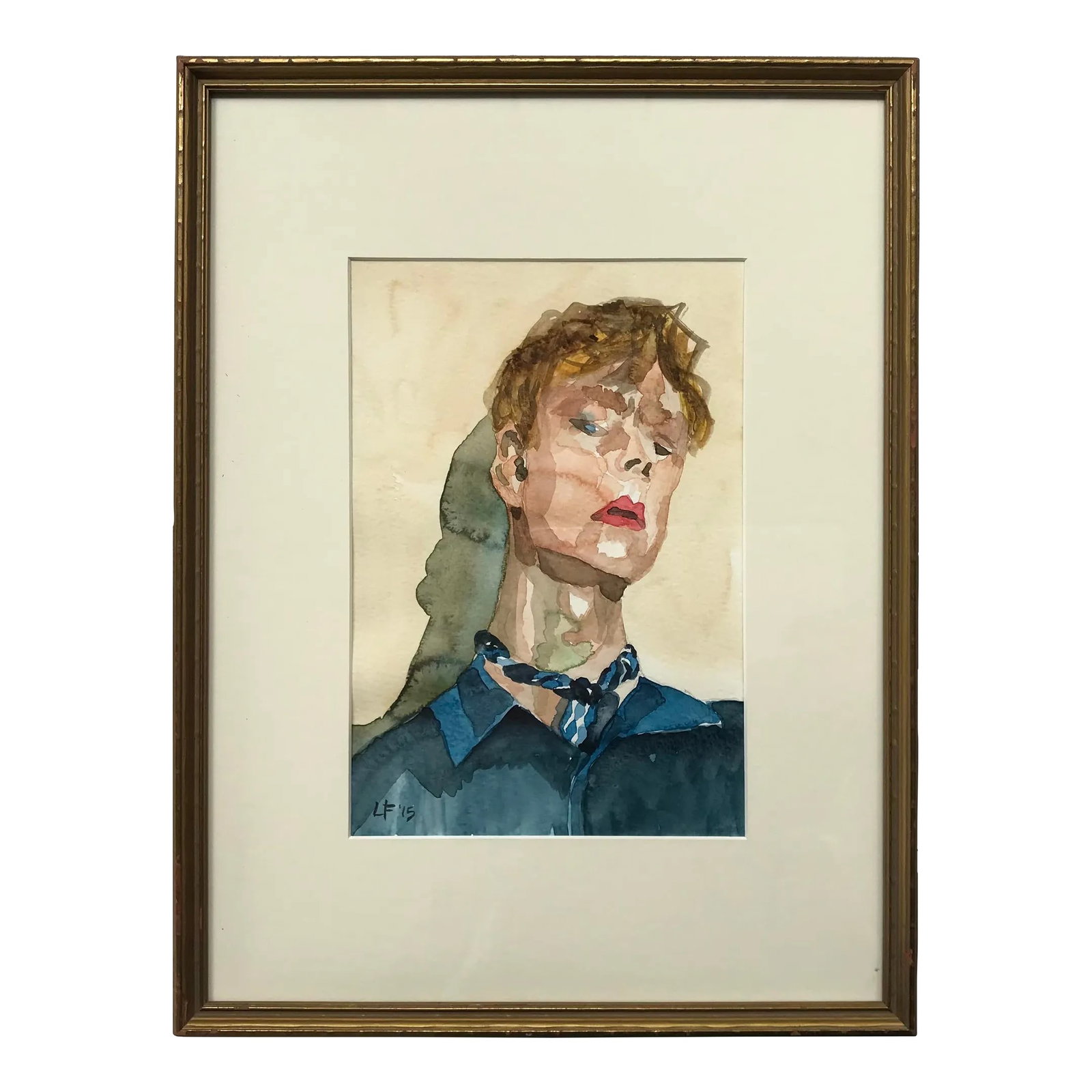 Modern Expressionist Portrait Original Watercolor Painting in Vintage Giltwood Frame: Original watercolor portrait of a young man wearing a scarf and leaning against a sun-baked stucco wall. Painted by Lori Fiacco; signed in watercolor at lower left. Painting is presented in a vintage