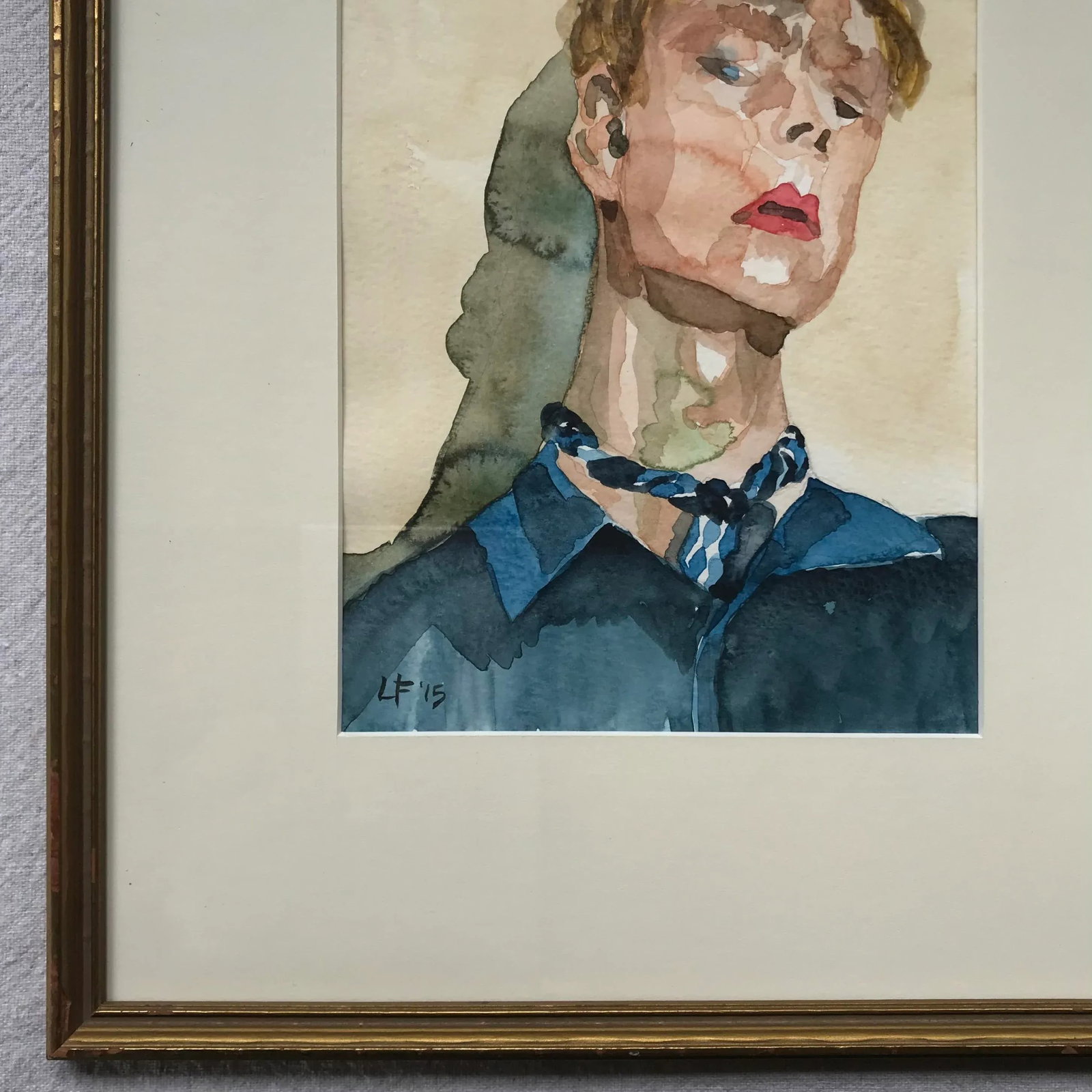 Modern Expressionist Portrait Original Watercolor Painting in Vintage Giltwood Frame - 8