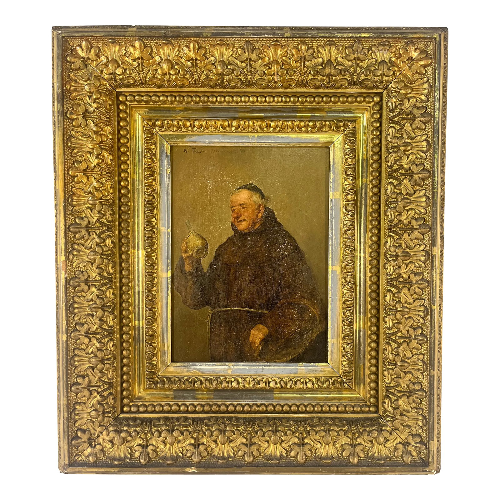 19th Century Portrait Painting of Monk on Wood in Gilt Frame: 19th Century portrait of a monk in gilt original frame. Portrait is signed but signature is hard to make out. Condition consistent with age and desired patina. Condition: Alterations: Original