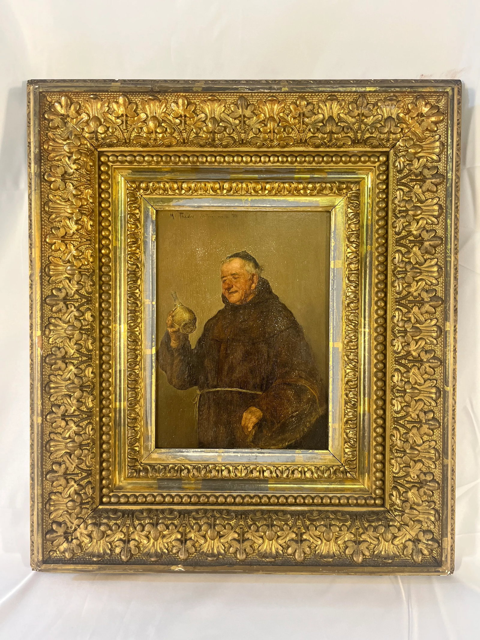 19th Century Portrait Painting of Monk on Wood in Gilt Frame - 2