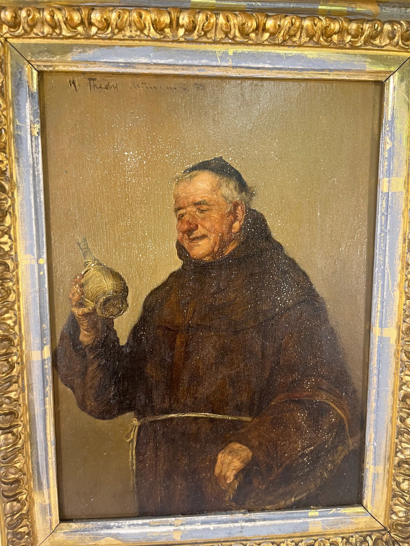 19th Century Portrait Painting of Monk on Wood in Gilt Frame - 3