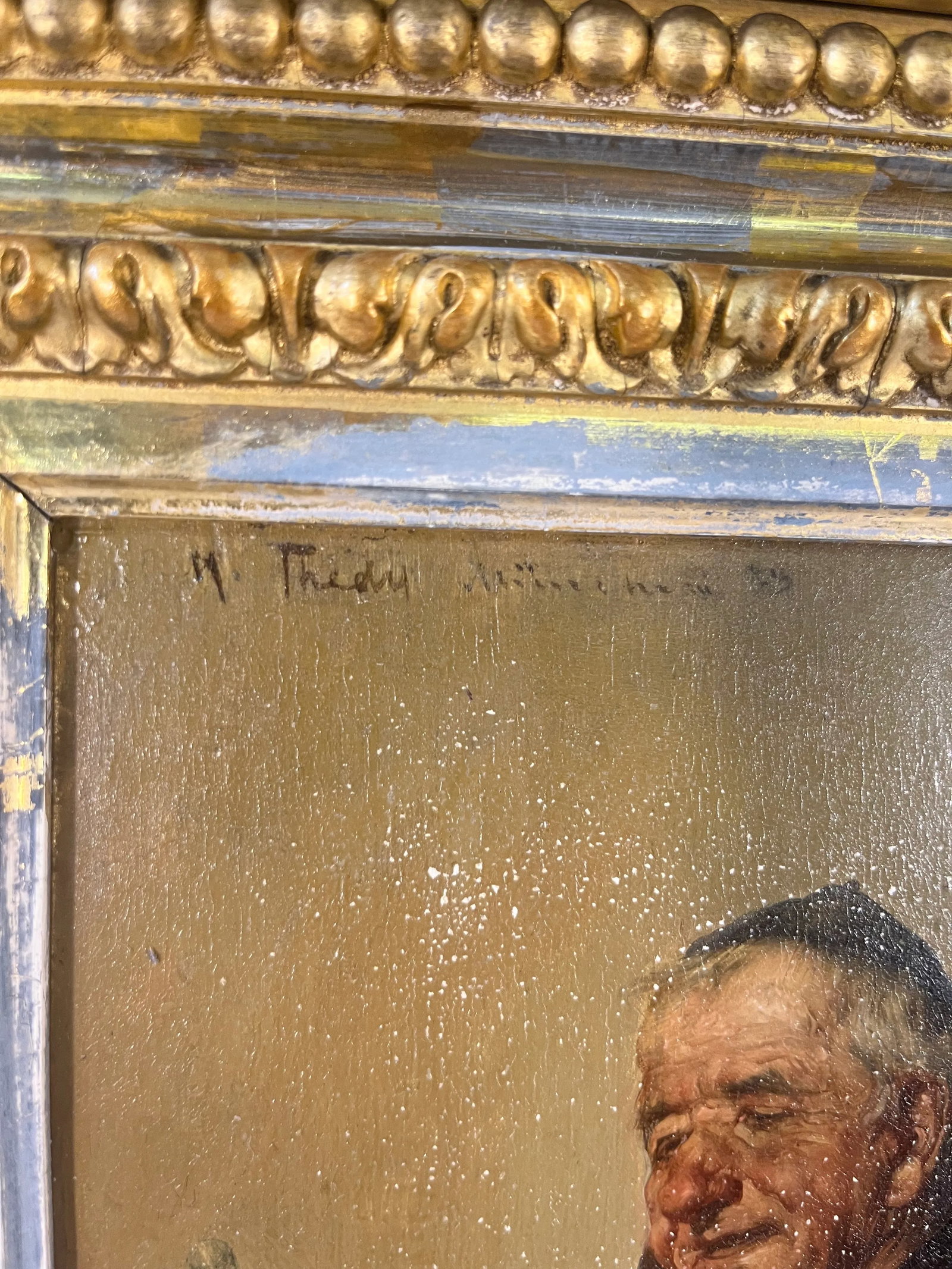 19th Century Portrait Painting of Monk on Wood in Gilt Frame - 4