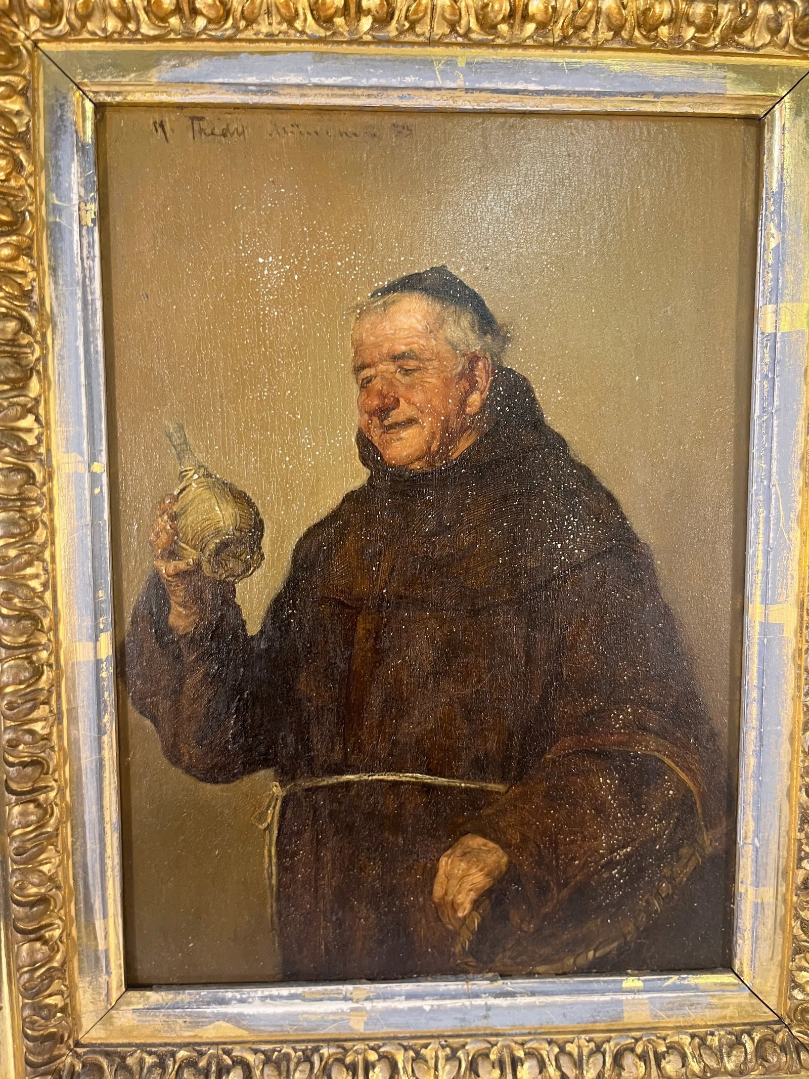 19th Century Portrait Painting of Monk on Wood in Gilt Frame - 8