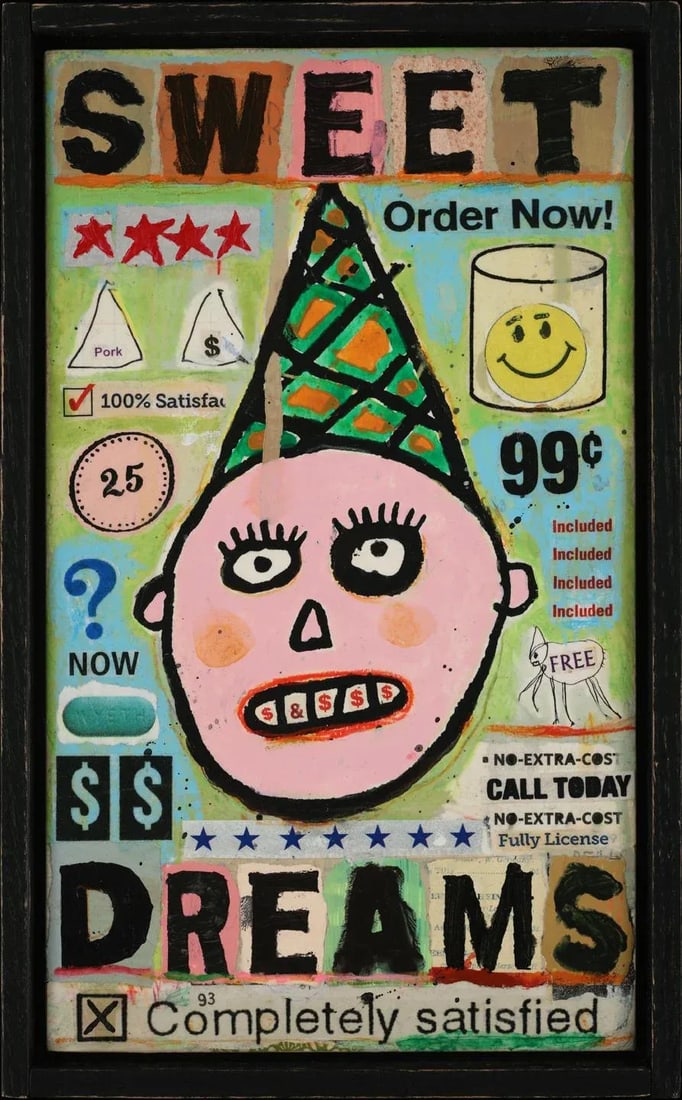 "Sweet Dreams" - Original, Mixed Media Collage by Brian McDonald: "Sweet Dreams" is a mixed media piece that playfully re-imagines a screen-print from a decade ago. This artwork uses acrylic paint, paper collage, and water crayon on a wood panel. The piece is
