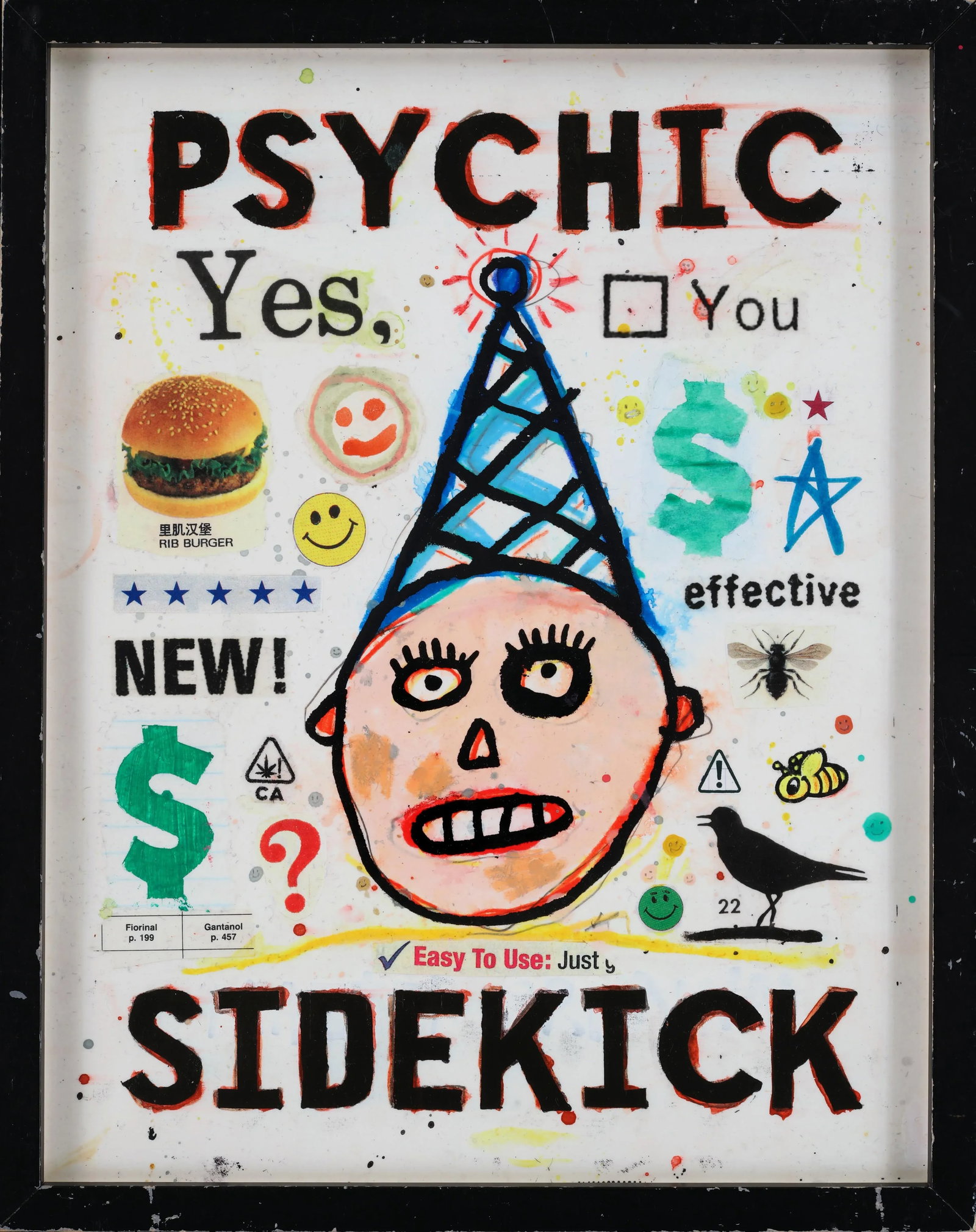 "Psychic Sidekick" - Original, Mixed Media Collage Artwork by Brian McDonald: "Psychic Sidekick" is not just a piece of art; it's a vibrant conversation starter that captivates and engages. With its playful fusion of imagery, words, and symbols, this mixed-media collage