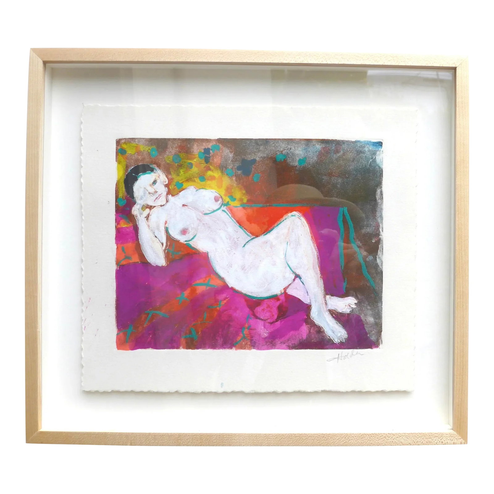 "Reclining French Nude" Contemporary Figurative Nude by Listed Artist Martha Holden: Original painting from a private collection. Over 25 people have liked this painting, be the one to own it or give it as a gift! Beautiful patterns in the room of a French model. Listed artist Martha
