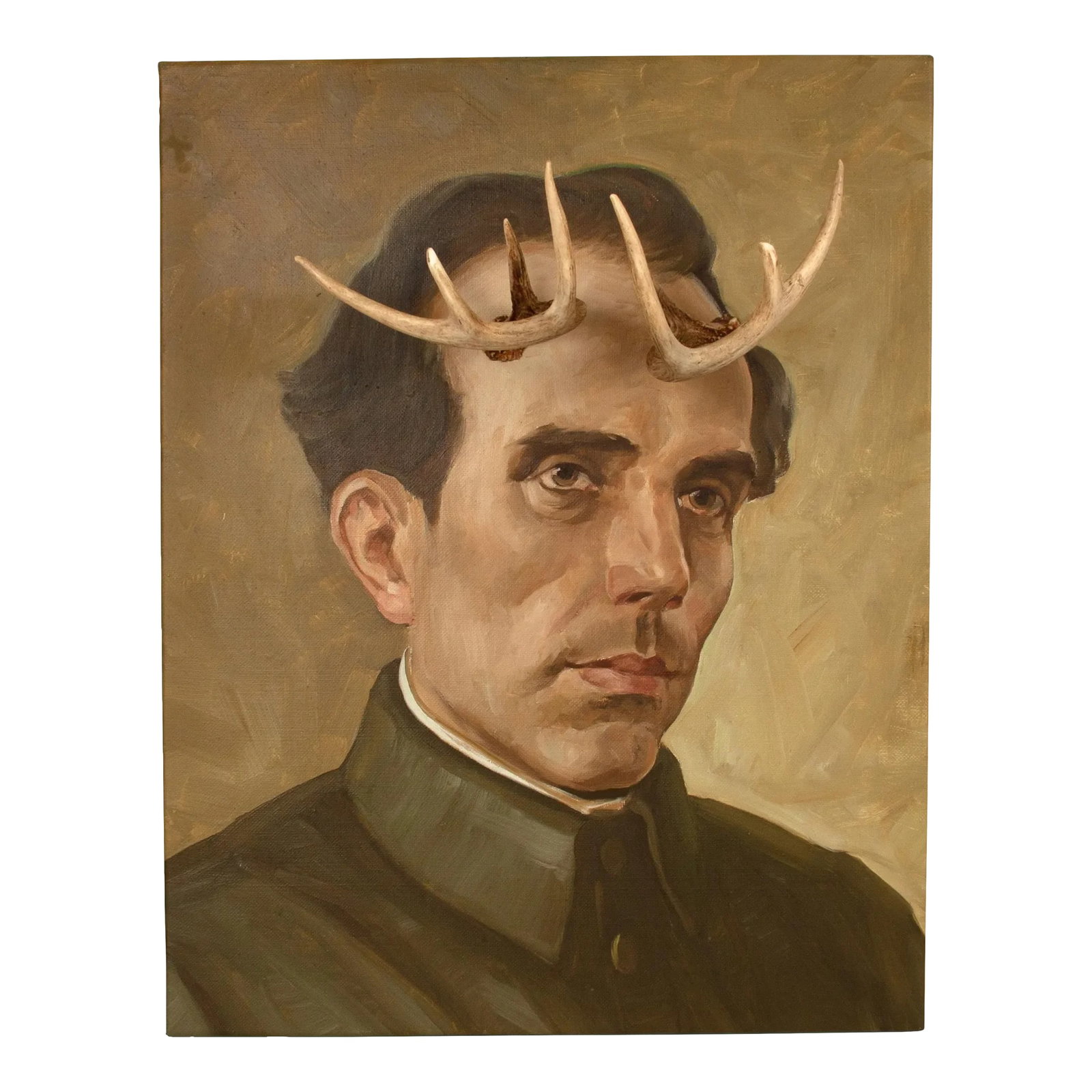 Altered Vintage Oil Painting of a Man: Altered original portrait of a man on canvas. This vintage painting was imported from Ukraine, re-stretched onto a new frame with authentic 7 point deer antlers added. This is an actual oil and/or