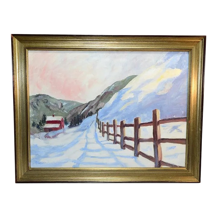 Original Vintage Impressionistic Painting of a Mountain Home Pastoral Snow Scene: Original vintage impressionistic painting of a pastoral mountain home snow scene. Lovely soft colors with mountains in the distance and shadows cast across the snow. Signed by the artist in the right
