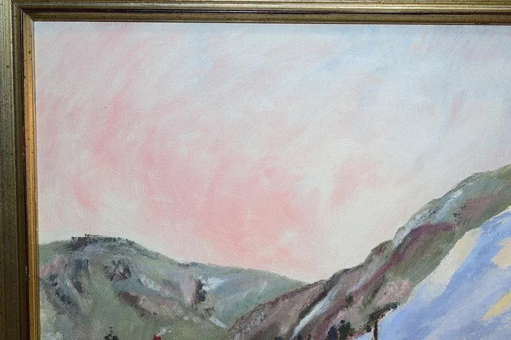 Original Vintage Impressionistic Painting of a Mountain Home Pastoral Snow Scene - 2