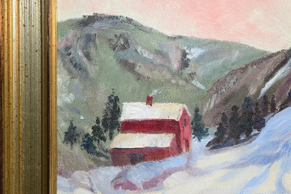 Original Vintage Impressionistic Painting of a Mountain Home Pastoral Snow Scene - 3
