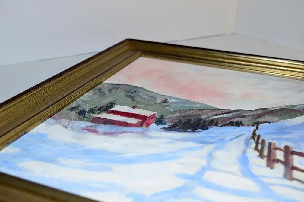 Original Vintage Impressionistic Painting of a Mountain Home Pastoral Snow Scene - 4